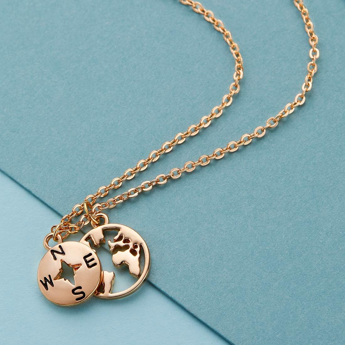 Zealmer Dainty 18K Gold Plated Compass World Map Pendant Necklace Graduation Gift for Friends