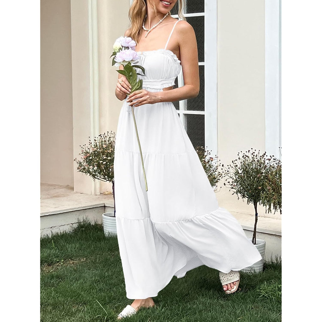 Fisoew Women'S Spaghetti Strap Maxi Dress Summer Sleeveless Side Cut Out Dress Casual Boho Backless Flowy Long Dresses