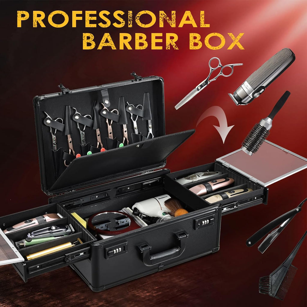 Barber Case 6 Clippers Sliding Tray, Profesional Barbers Briefcase Tool Case, Barber Cases For Clippers And Supplies, Hair Scissors Trimmer Organizer, Salon Hair Grooming Hard Travel Suitcase