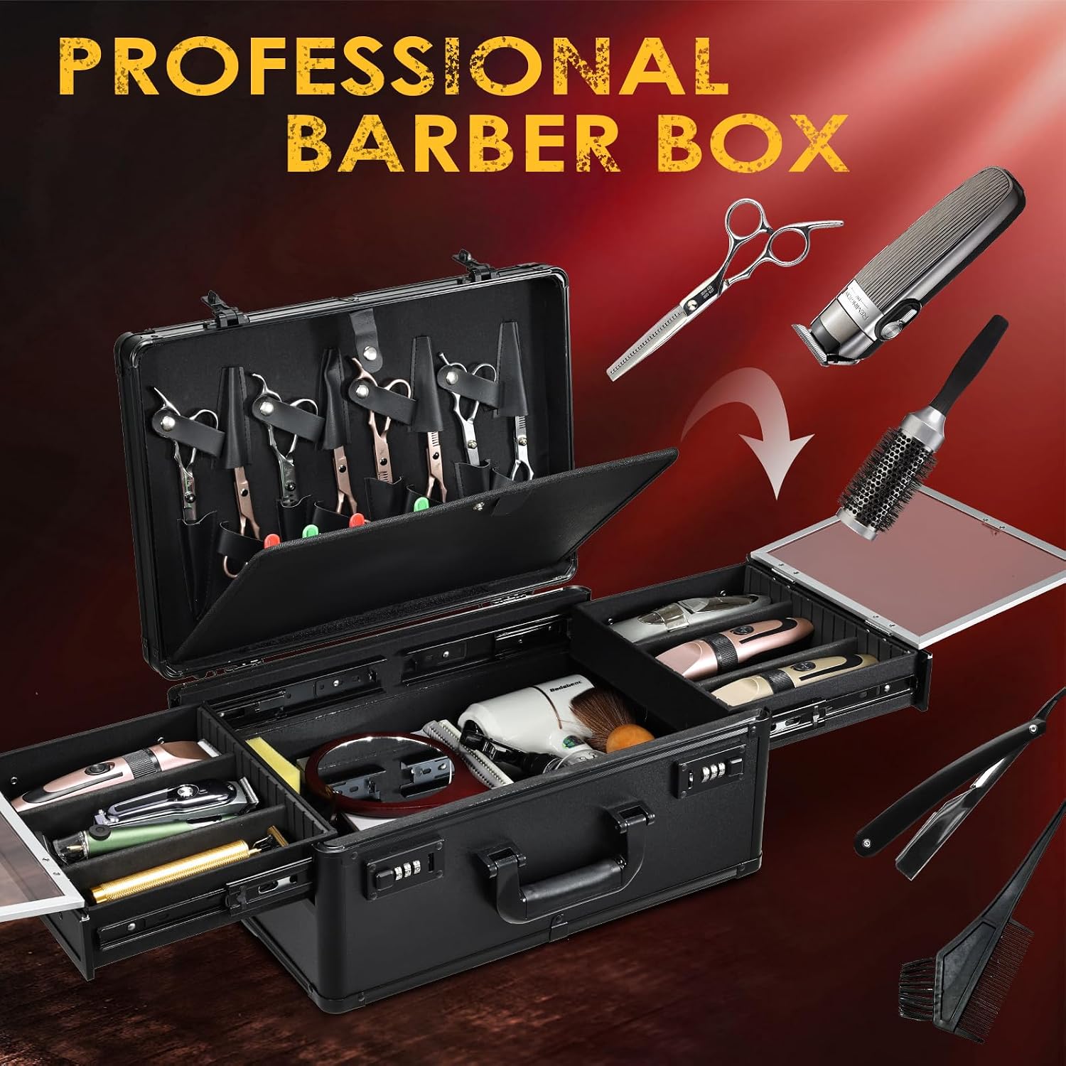 Barber Case 6 Clippers Sliding Tray, Profesional Barbers Briefcase Tool Case, Barber Cases For Clippers And Supplies, Hair Scissors Trimmer Organizer, Salon Hair Grooming Hard Travel Suitcase