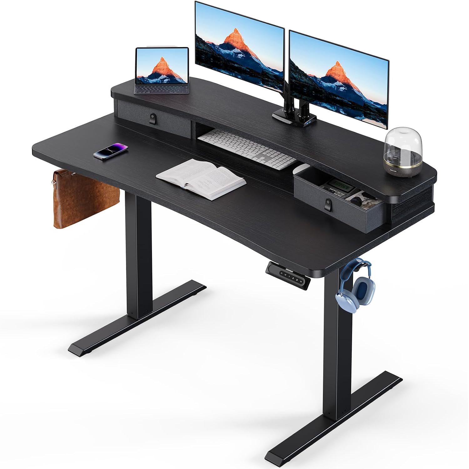 Huanuo 48″ X 24″ Electric Standing Desk With 2 Drawers, C-Clamp Mount Compatible, Height Adjustable Computer Desk, Home Office Stand Up Desk With 4 Preset Heights & 2 Hooks, Black