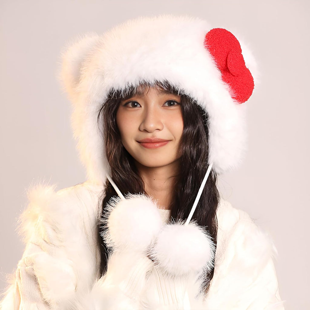 Winter Warm Faux Fur Trapper Hat for Women Cute Furry Cat Ear Hats Thick Plush Cozy Animal Hat with Pom Pom & Ear Cover