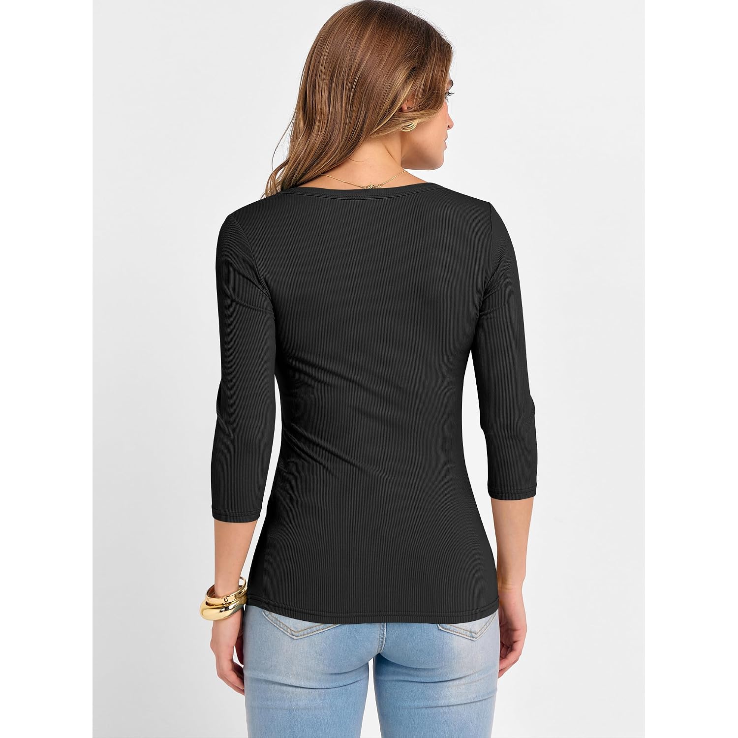 Anrabess Womens 3/4 Sleeve Scoop Neck Tops Ribbed Knit Slim Fitted Casual Basic Tee Shirts 2026 Fall Trendy Going Out T-Shirt
