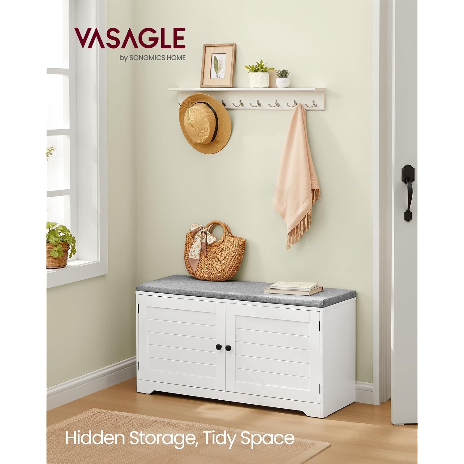 Vasagle Shoe Storage Bench With Cushion, 3-Tier Entryway Bench With Padded Seat, Doors, Adjustable Shelves, 14 X 39.8 X 20.7 Inches, For Hallway, Bedroom, Cloud White And Dove Gray Ulsb044W01