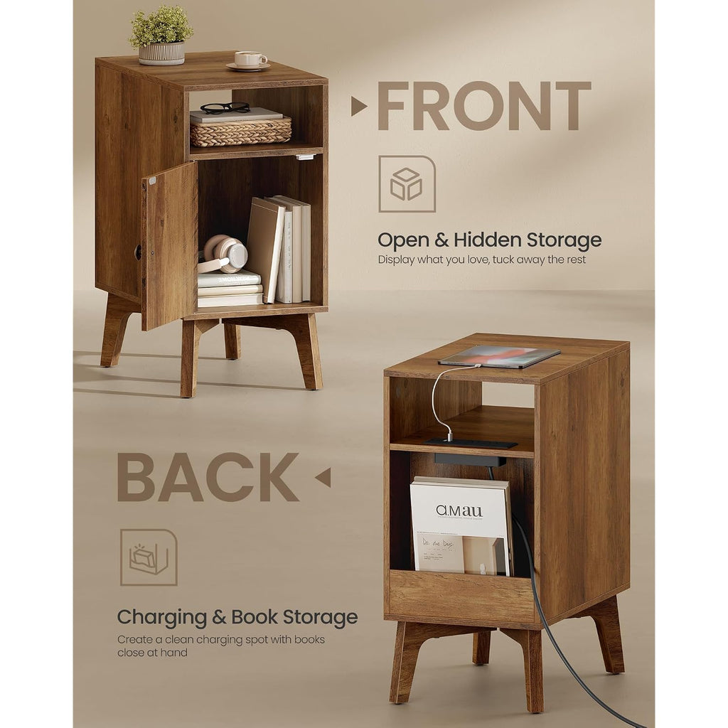 Vasagle Maezo Collection - End Table With Charging Station, Narrow Side Table, Nightstand With Tapered Legs, Curved Transitions, For Small Spaces, Bedroom, Honey Brown Ulet329K101S