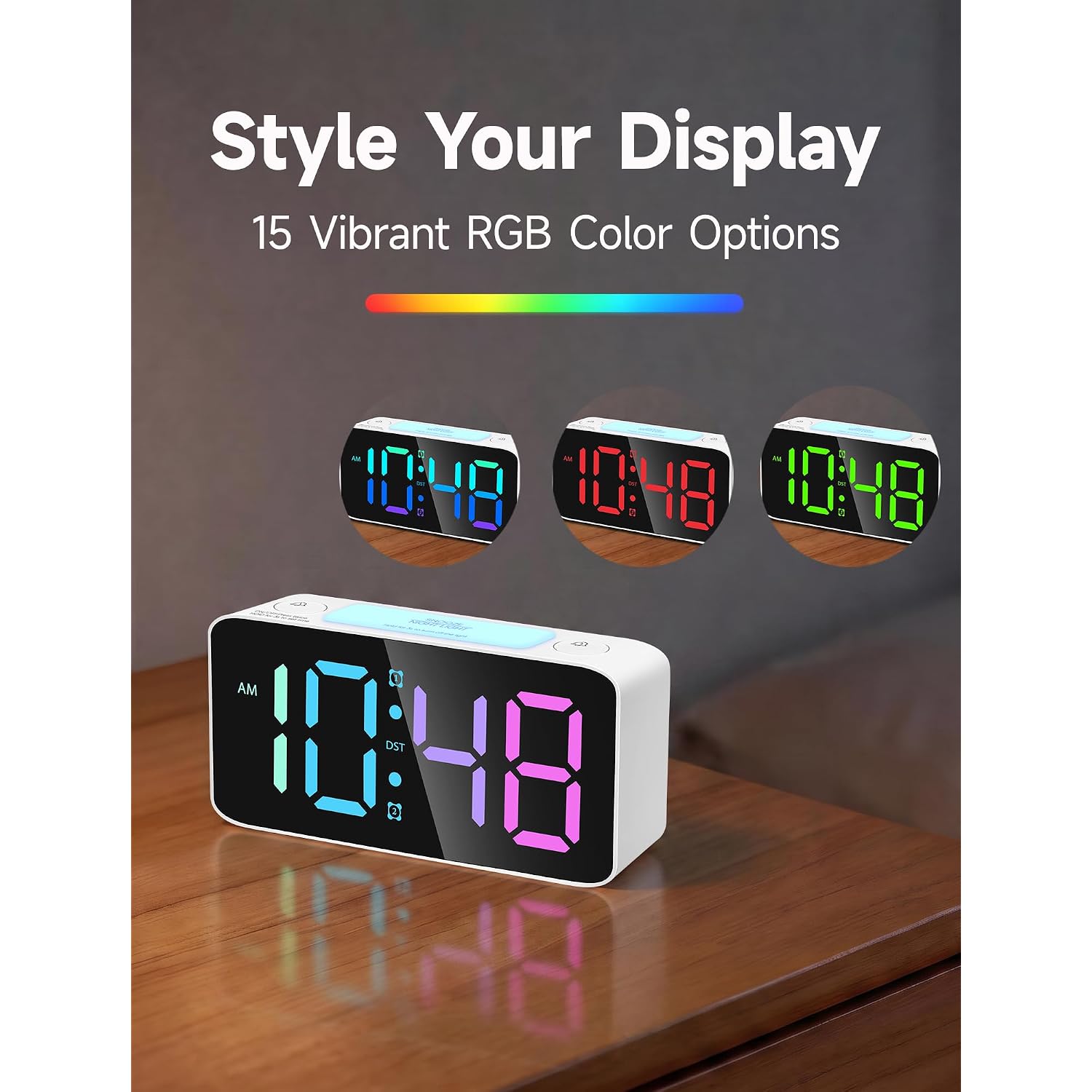 Cadmos 110Db Extra Loud Alarm Clock For Heavy Sleepers Adults, Digital Clock With 7 Color Night Light, Rgb Display, Dual Usb Charger, Small Clocks For Bedrooms, Kids, Teens (White+Rgb)