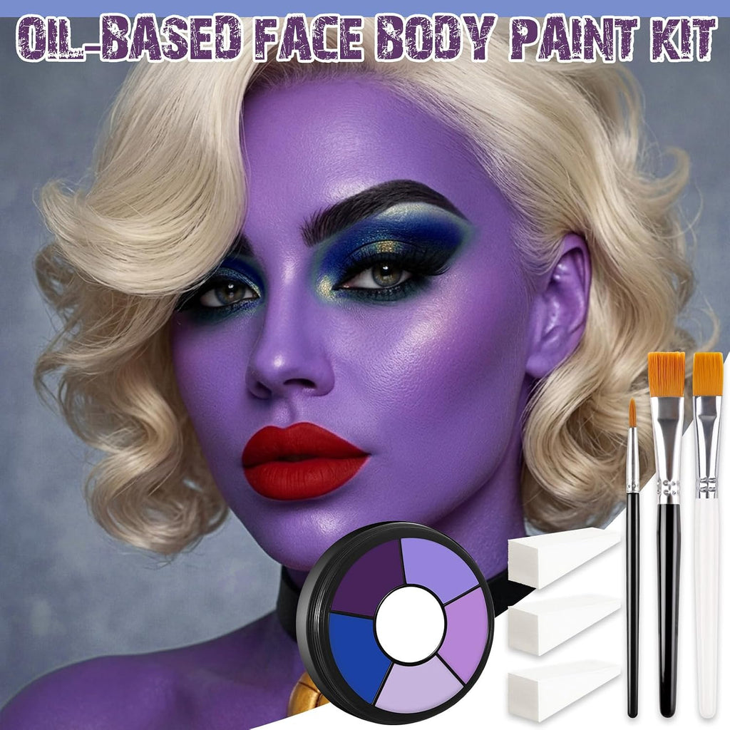 Bobisuka Purple Cream Face & Body Paint Palette Kit With 3 Brushes 3 Sponges, Highly Pigmented Easy To Blend Long Lasting Makeup For Ursula, Witch, Gothic Queen Celebrations Costume & Theme