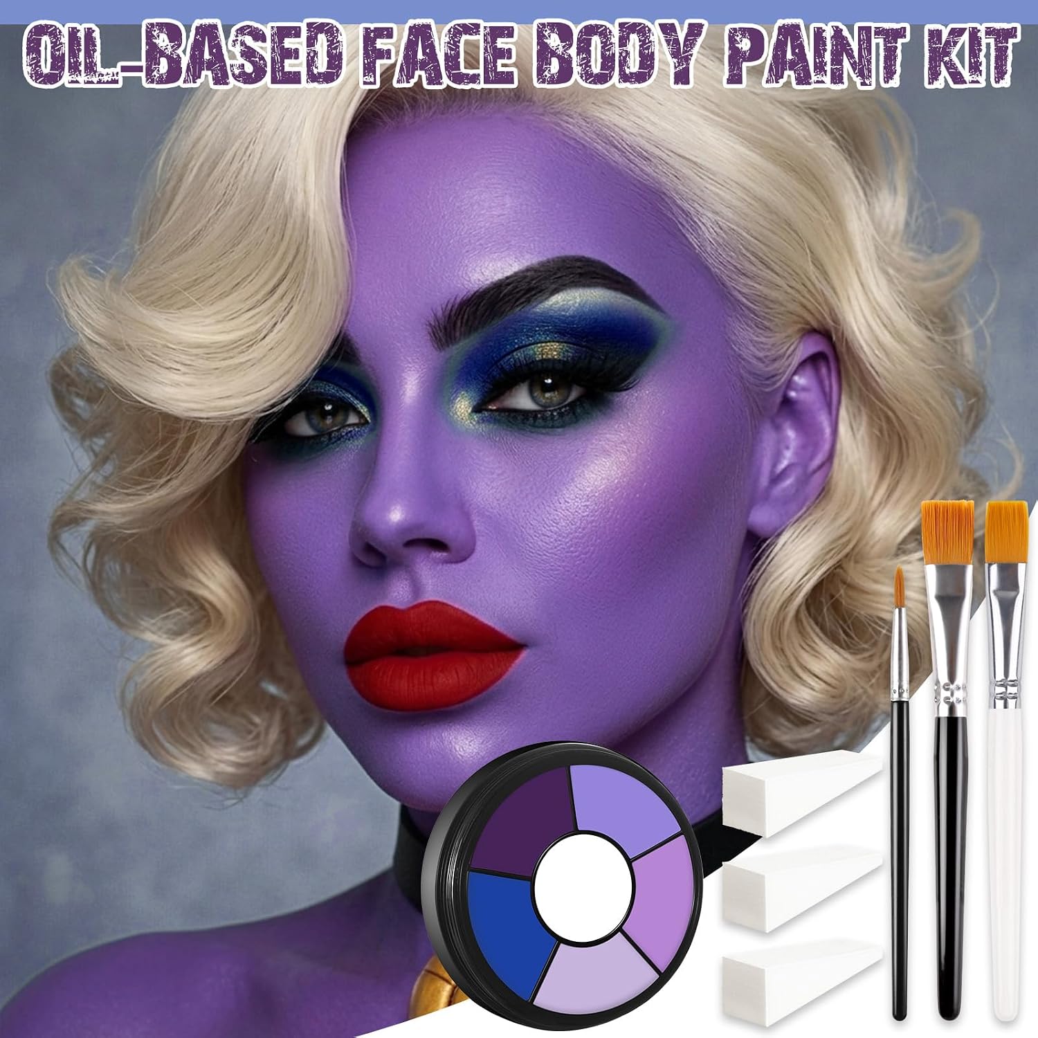 Bobisuka Purple Cream Face & Body Paint Palette Kit With 3 Brushes 3 Sponges, Highly Pigmented Easy To Blend Long Lasting Makeup For Ursula, Witch, Gothic Queen Celebrations Costume & Theme