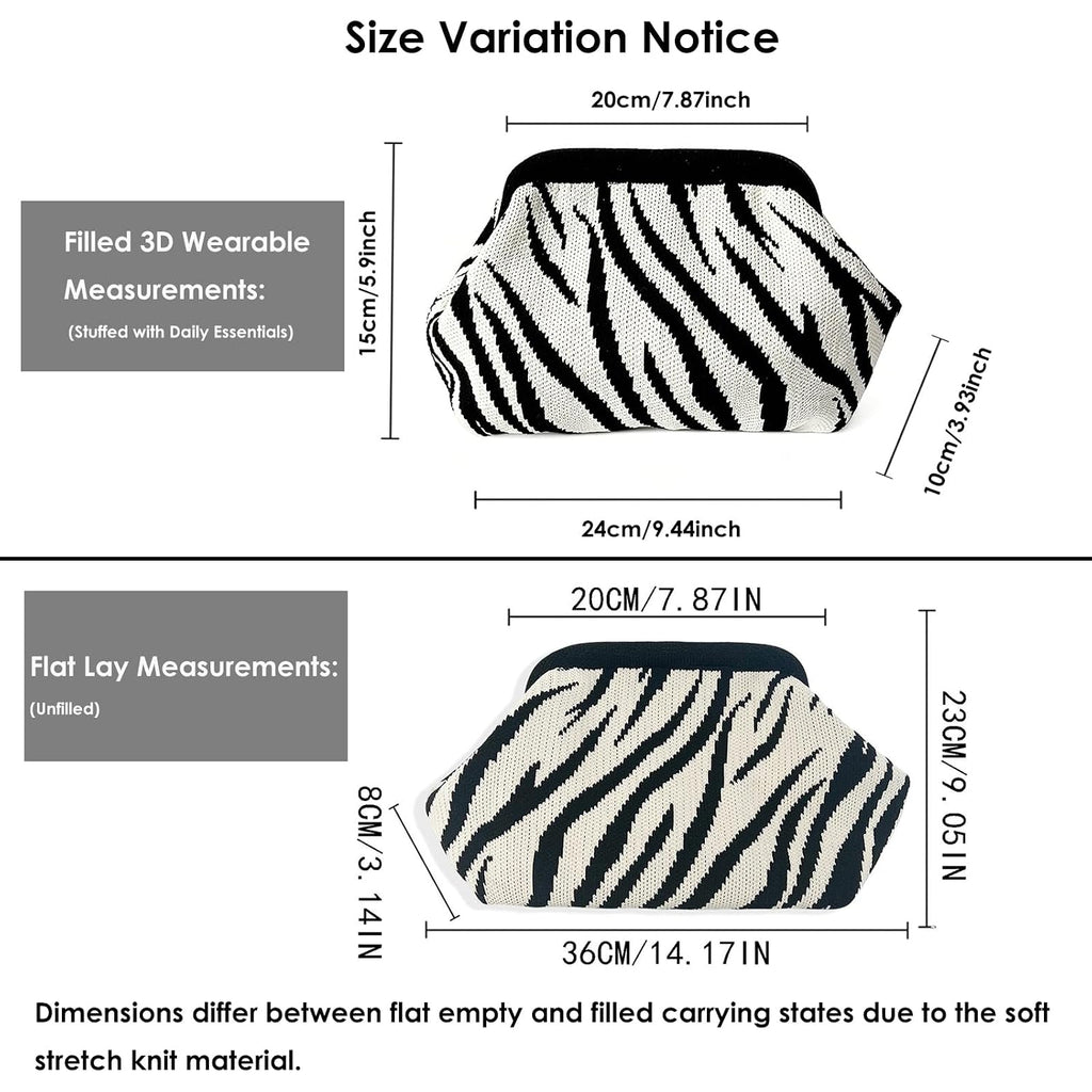 Zebra Print Purse For Women,Knitted Striped Crossbody Dumpling Clutch Bag,White And Black Crochet Cloud Handbag For Summer Beach,Evening Party