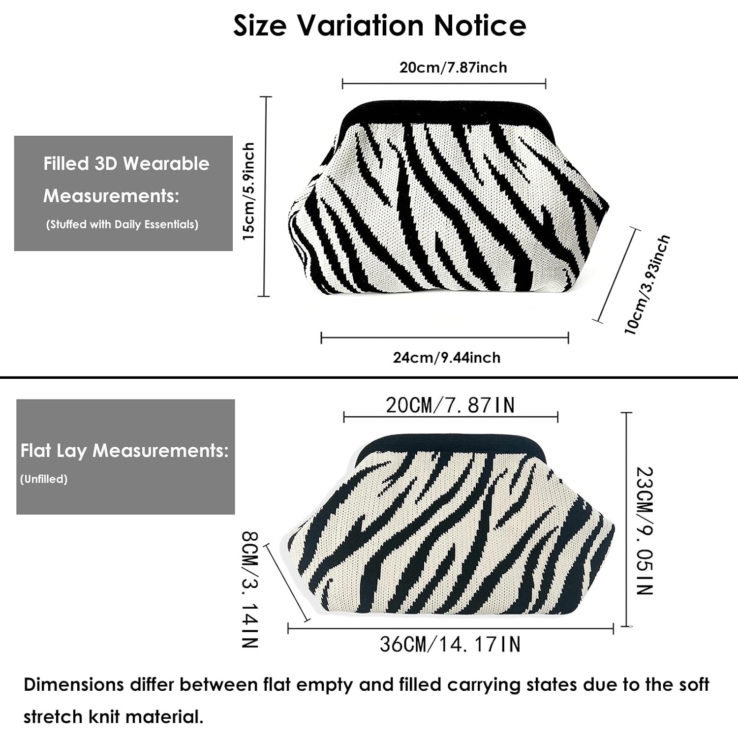 Zebra Print Purse For Women,Knitted Striped Crossbody Dumpling Clutch Bag,White And Black Crochet Cloud Handbag For Summer Beach,Evening Party