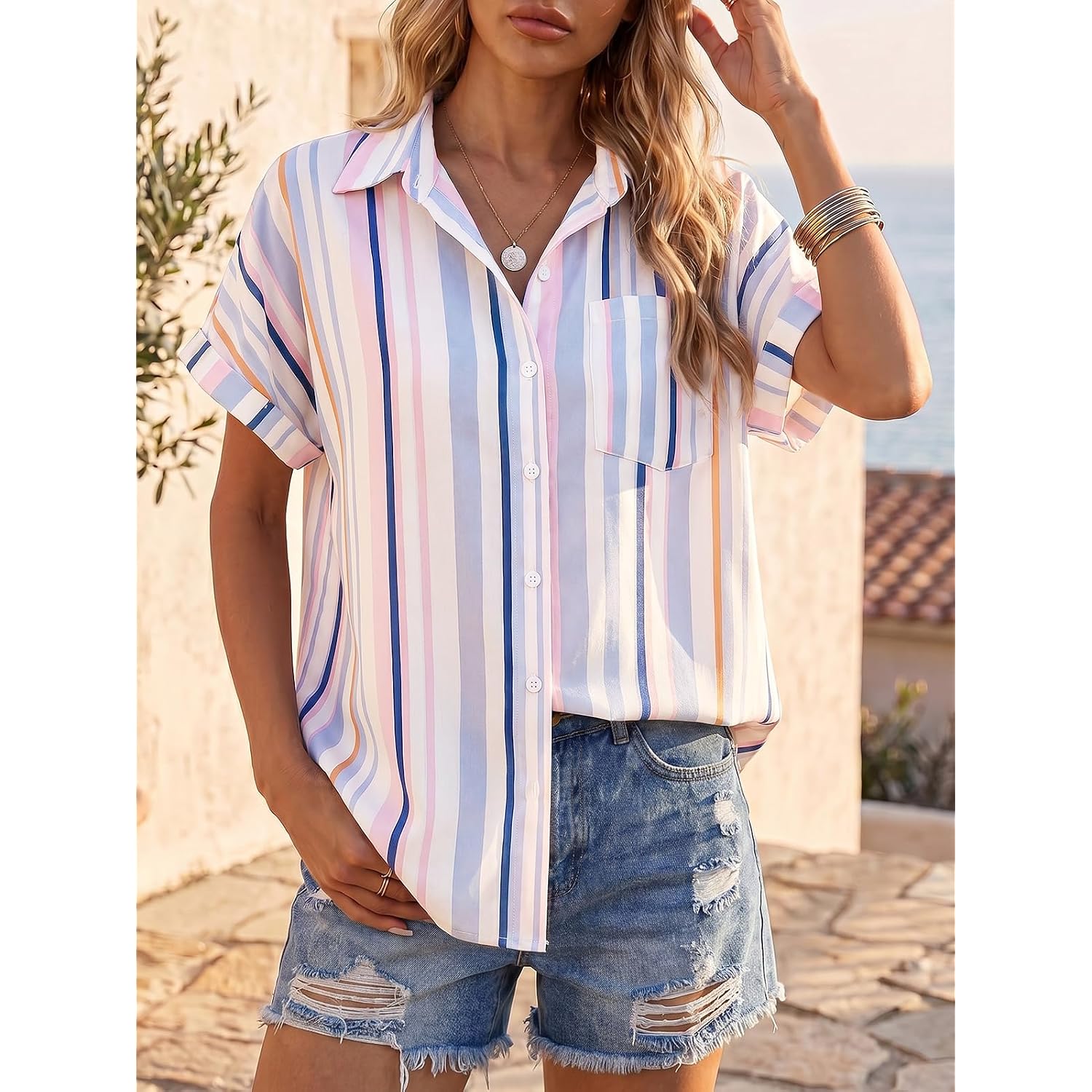 Tankaneo Womens Button Down Shirts Short Sleeve Blouses Summer Casual V Neck Collared Shirt Tops