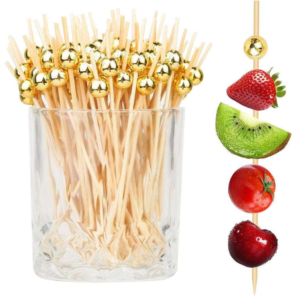 200PCS Cocktail Picks, Fancy Toothpicks for Appetizers, Decorative Skewers for Appetizers Drinks Party Fruit, 4.7 Inch Long Wooden Bamboo Gold Ball Food Sticks Charcuterie Boards Accessories