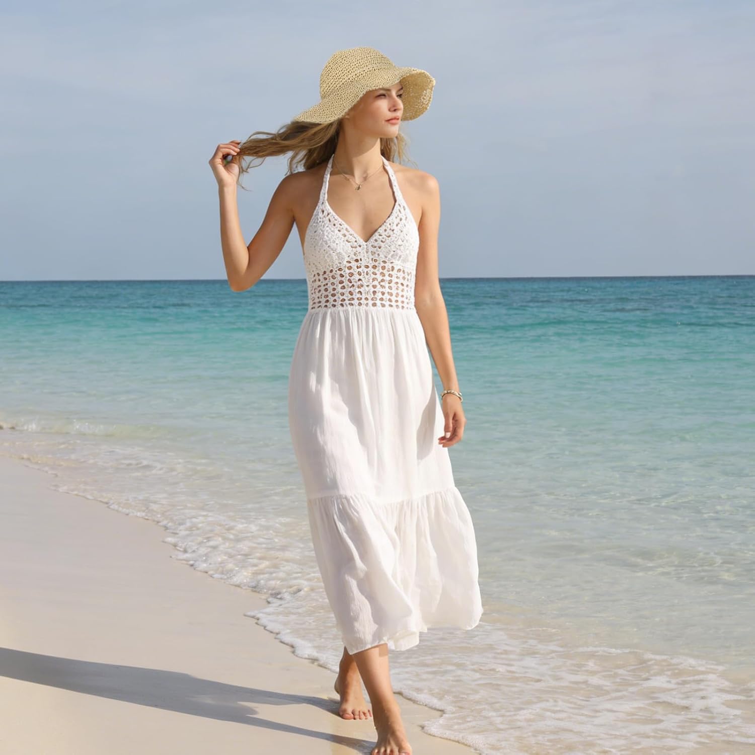 Oweisong Sun Hats for Women Wide Brim Floppy Beach Hats Packable Boho Crochet Straw Hat for Summer Vacation Travel