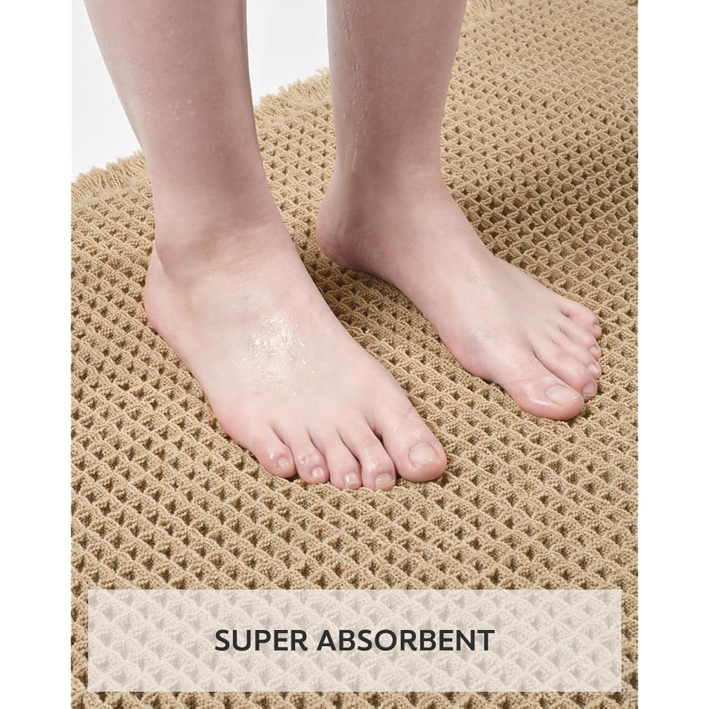 Waffle Bath Mat Rug, Super Absorbent Non Slip Bath Mats Ultra Soft Bathmat Machine Washable Bathroom Rugs With Tassels, Bath Rugs For Bathroom Floor Beside Tub, 17" X 24", Brown