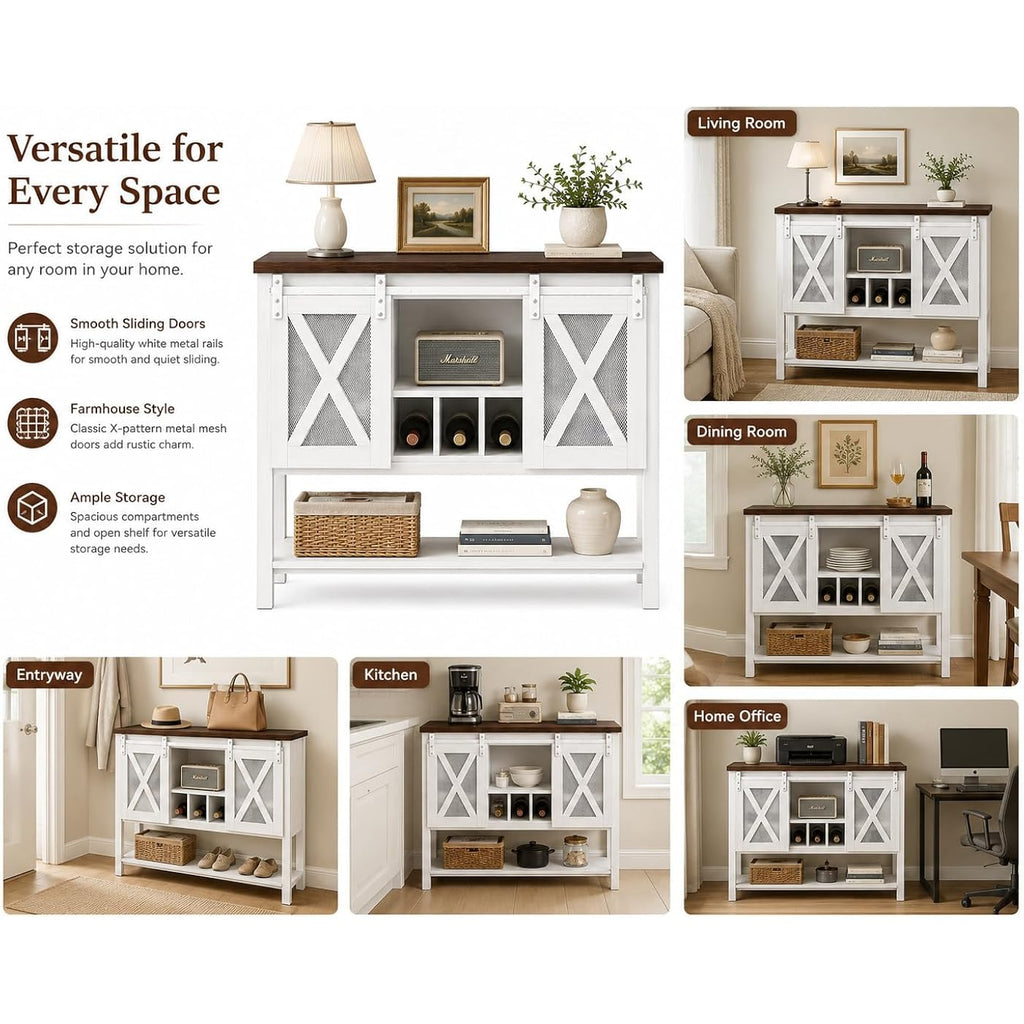 47" Farmhouse Coffee Bar Cabinet With Storage, Sideboard Buffet Table With Wine Rack And Sliding Barn Door, Liquor Cabinet For Kitchen Dining Room, White