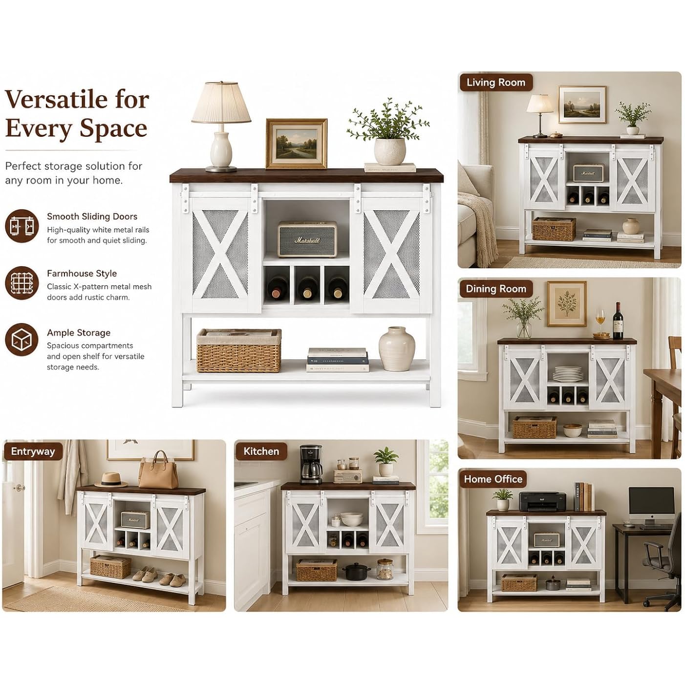 47" Farmhouse Coffee Bar Cabinet With Storage, Sideboard Buffet Table With Wine Rack And Sliding Barn Door, Liquor Cabinet For Kitchen Dining Room, White