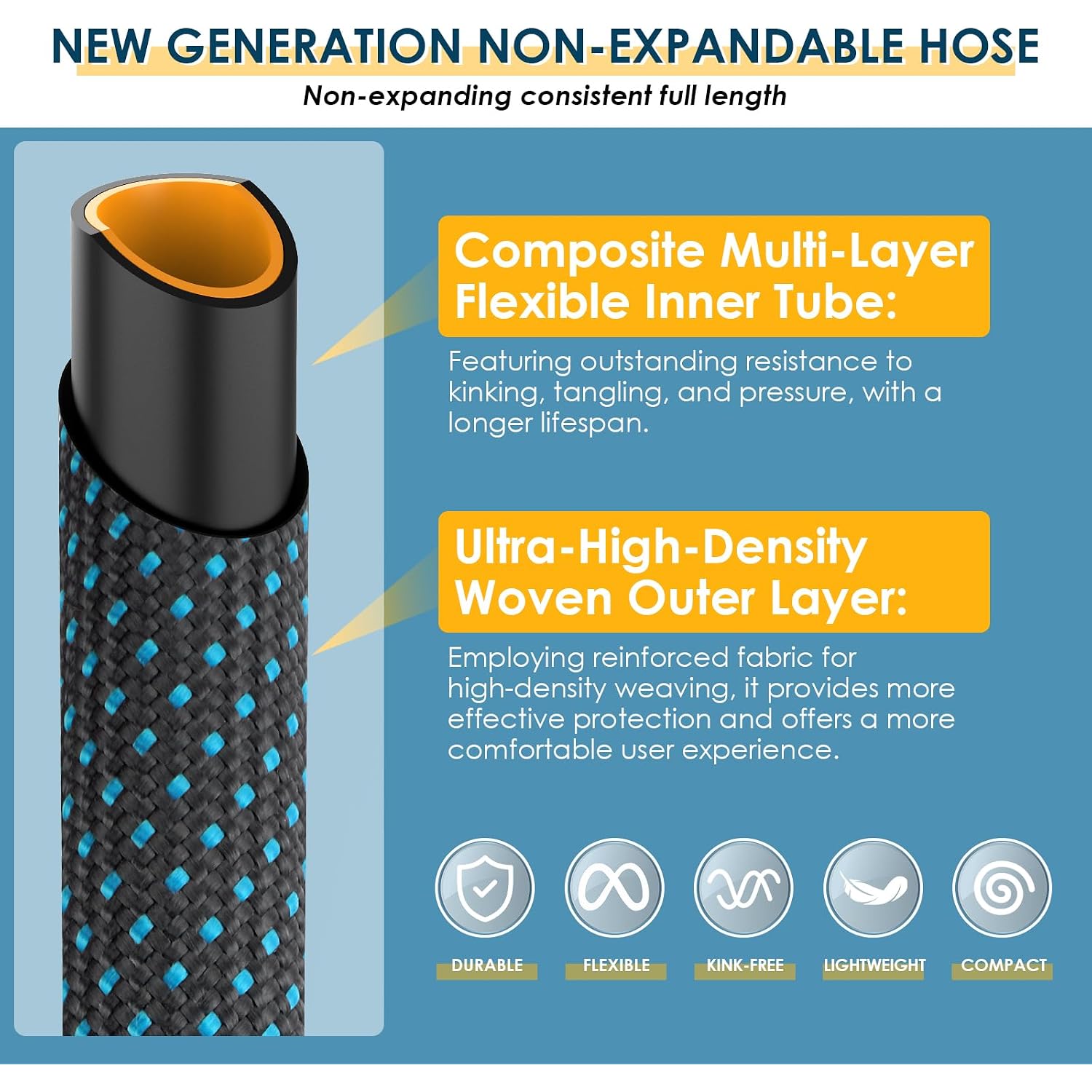Non-Expandable Garden Hose 100 Ft, Lightweight Hose With 10 Function Spray Nozzle, Kink-Free Flexible Water Hose, Durable, Leak-Proof, 360° Swivel Connectors, Portable Storage Strap