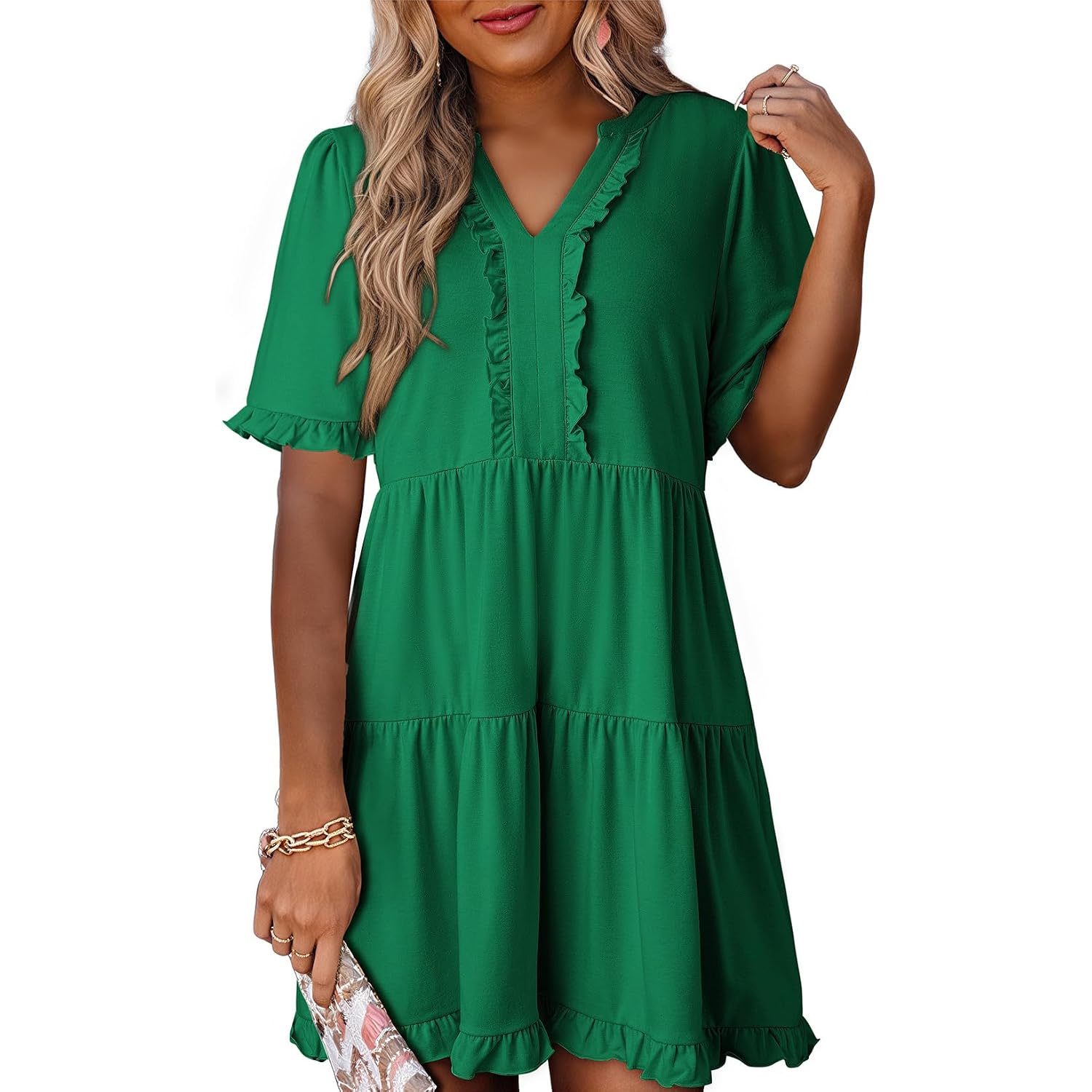 Dokotoo Womens Summer Dresses 2026 V Neck A Line Short Sleeve Casual Ruffle Babydoll Mini Dress