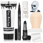 Go Ho Halloween Makeup Kit For Jack Cosplay Costume - Complete 8-Piece Professional Skeleton Makeup With Bald Cap,Pro-Aide Adhesive,White Body Paint,Black Lipstick,Black Eyeliner & Applicators
