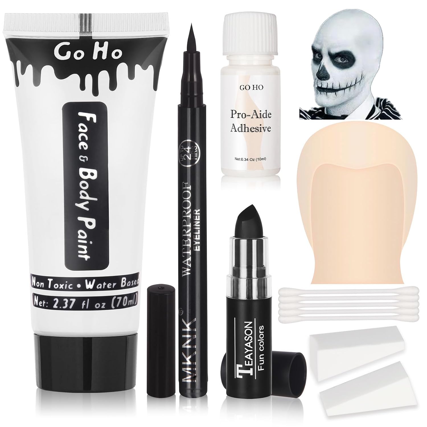 Go Ho Halloween Makeup Kit For Jack Cosplay Costume - Complete 8-Piece Professional Skeleton Makeup With Bald Cap,Pro-Aide Adhesive,White Body Paint,Black Lipstick,Black Eyeliner & Applicators