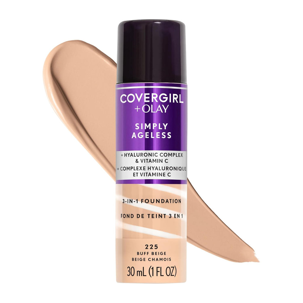 Covergirl & Olay Simply Ageless 3-In-1 Liquid Foundation, Matte Finish, Hyaluronic & Vitamin C Formula, 225 Buff Beige, 1 Count