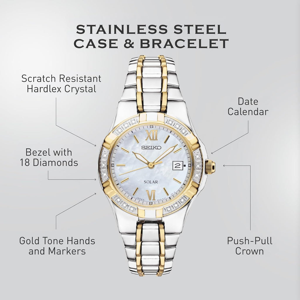 Seiko Sut068 Watch For Women - Diamond Collection - With 18 Diamond Accents, Solar Power, Mother-Of-Pearl Dial, Two-Tone Gold Stainless Steel Case & Bracelet, And Water-Resistant To 50M