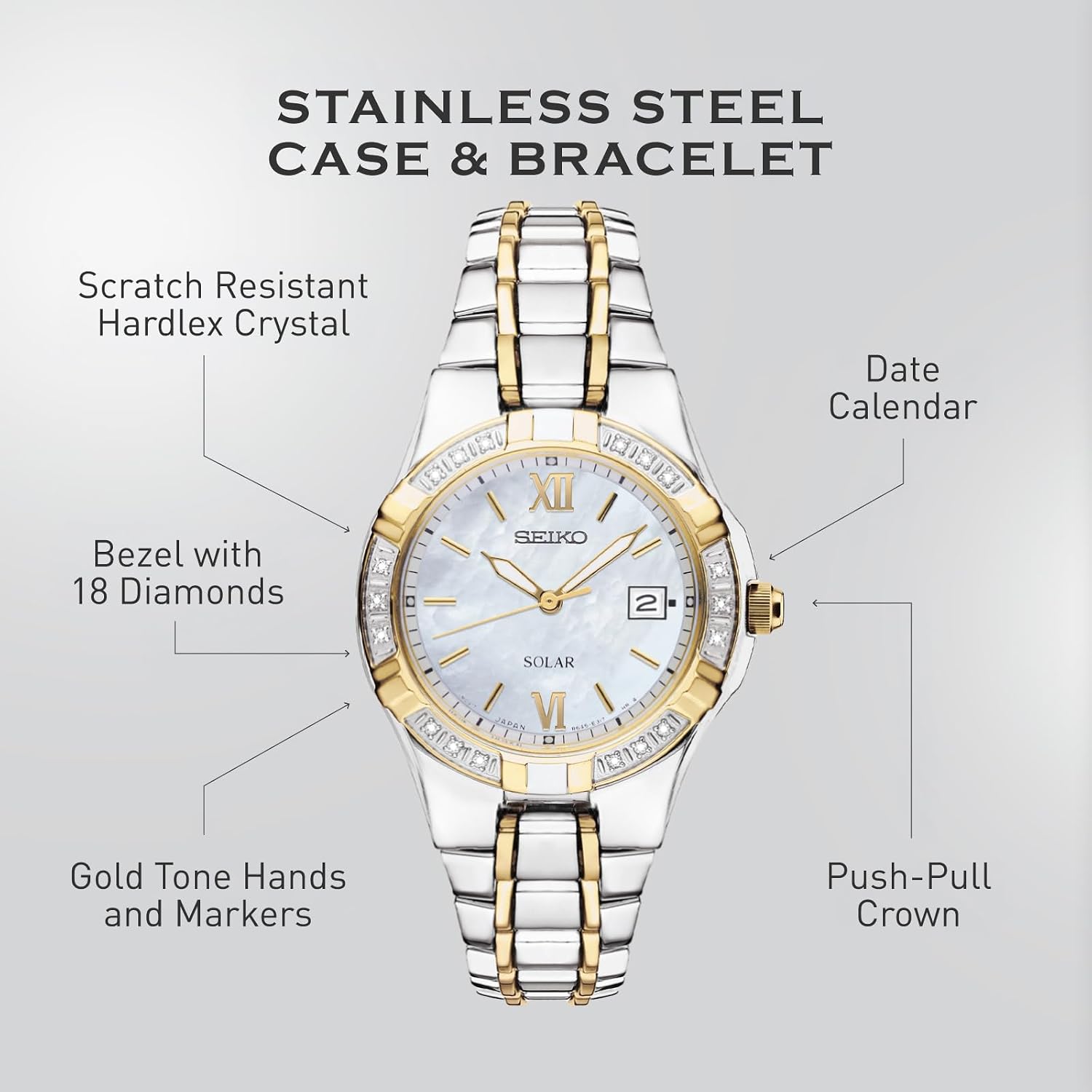 Seiko Sut068 Watch For Women - Diamond Collection - With 18 Diamond Accents, Solar Power, Mother-Of-Pearl Dial, Two-Tone Gold Stainless Steel Case & Bracelet, And Water-Resistant To 50M