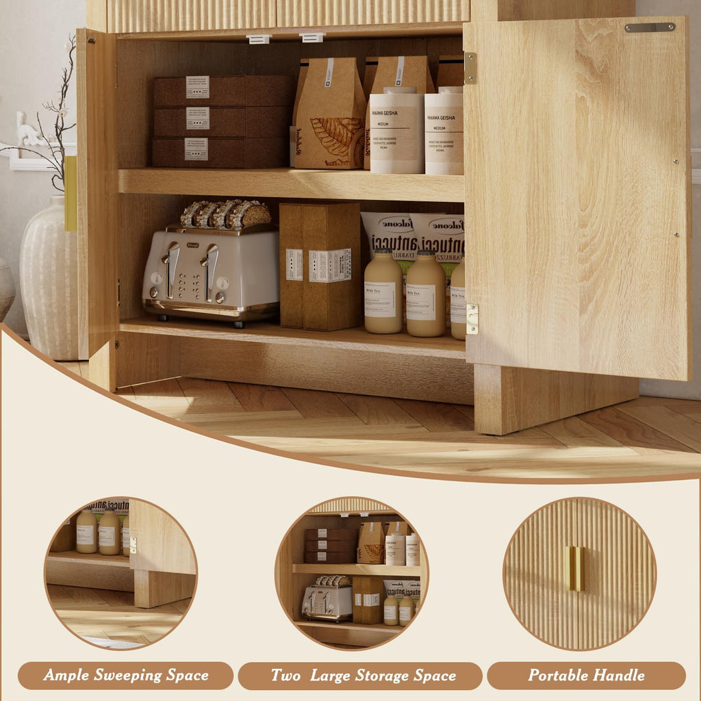 71" Arched Kitchen Pantry Cabinet, Fluted Wood Storage With 3 Adjustable Shelves & 6 Door Shelves, Modern Organizer For Kitchen, Bathroom, Natural Wood Finish (Wood)