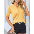 Women Short Sleeve Polo Sweater V Neck Knitted Tops Casual Ribbed Shirt Loose Pullover Sweater