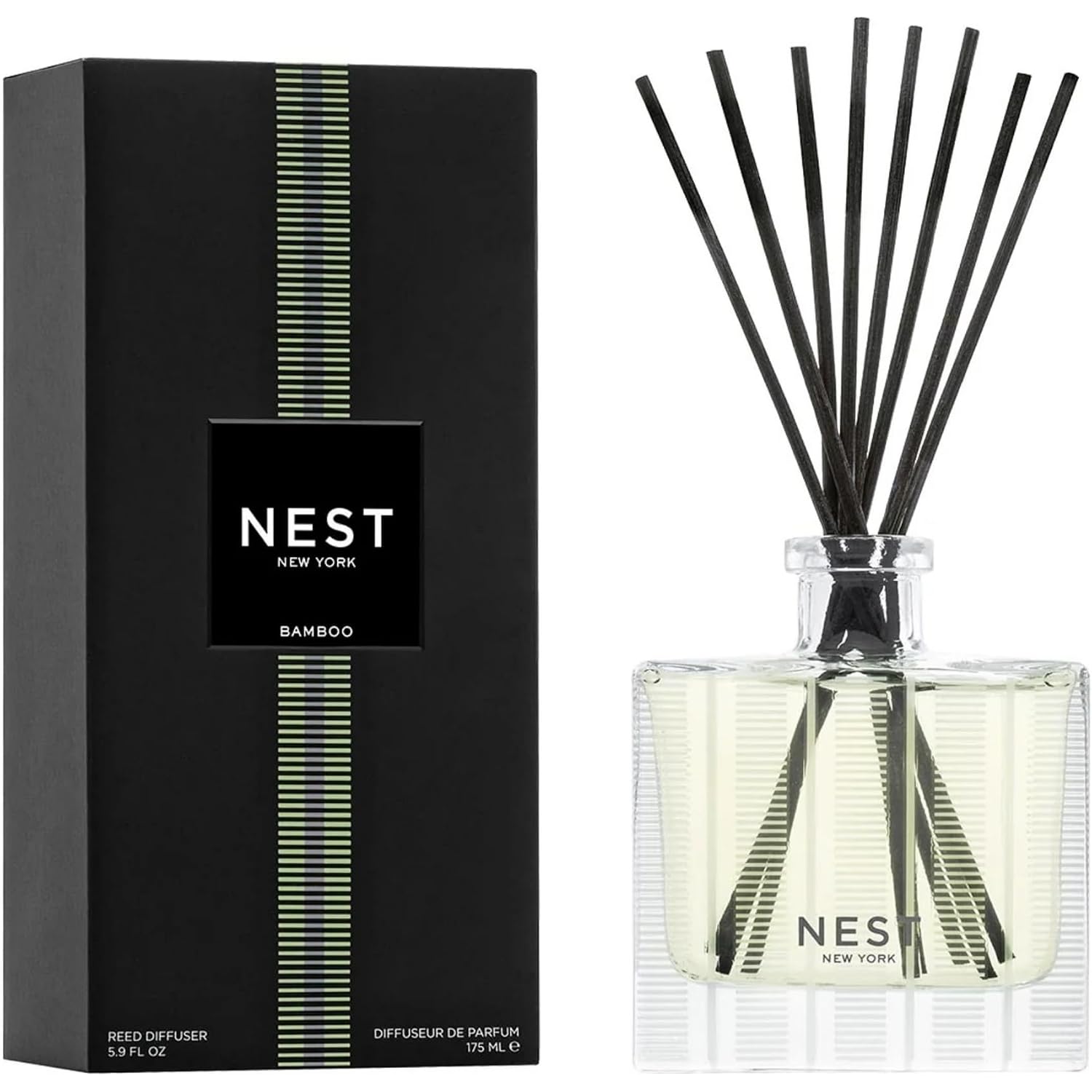 Nest New York Reed Diffuser, Bamboo - 5.9 Fl Oz - Fragrance For Up To 90 Days - Reusable, Refillable Glass Holder - Includes 8 All-Natural Reed Sticks - Flame Free