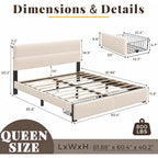 Queen Bed Frame With 2 Storage Drawers, Beige Velvet Upholstered