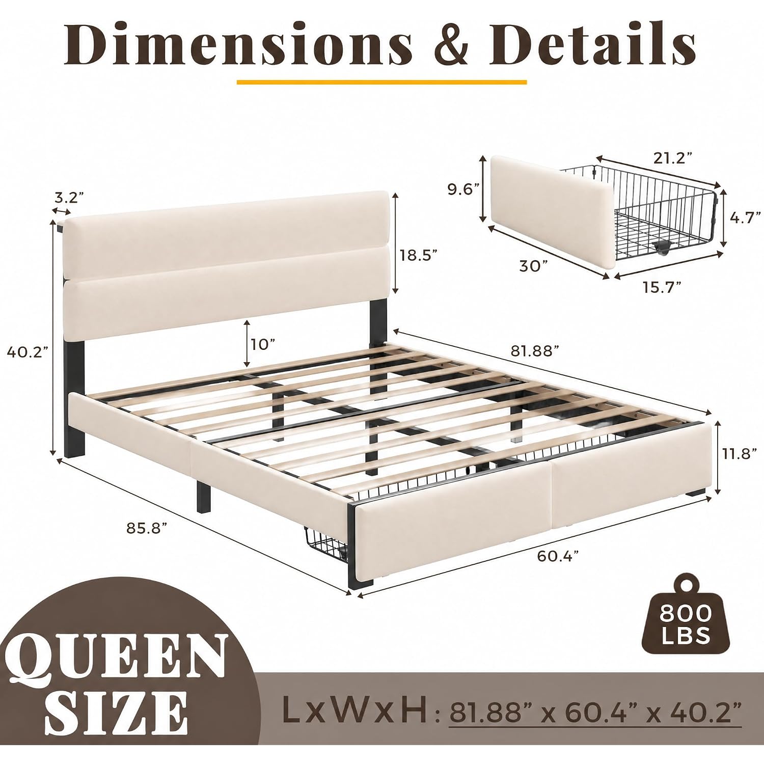 Queen Bed Frame With 2 Storage Drawers, Beige Velvet Upholstered