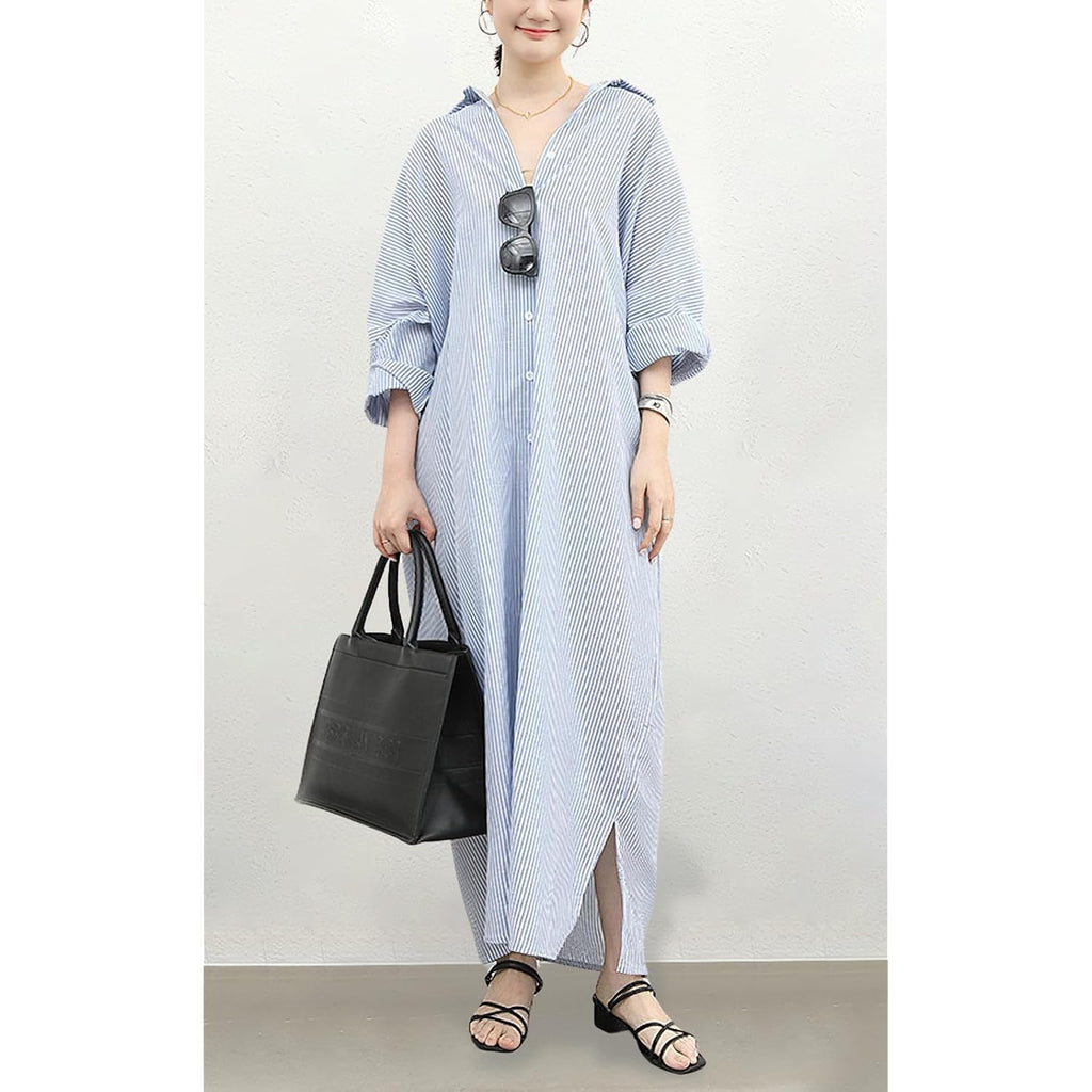 Chouyatou Women'S Casual Long Sleeve Button Down Loose Striped Cotton Maxi Shirt Dress