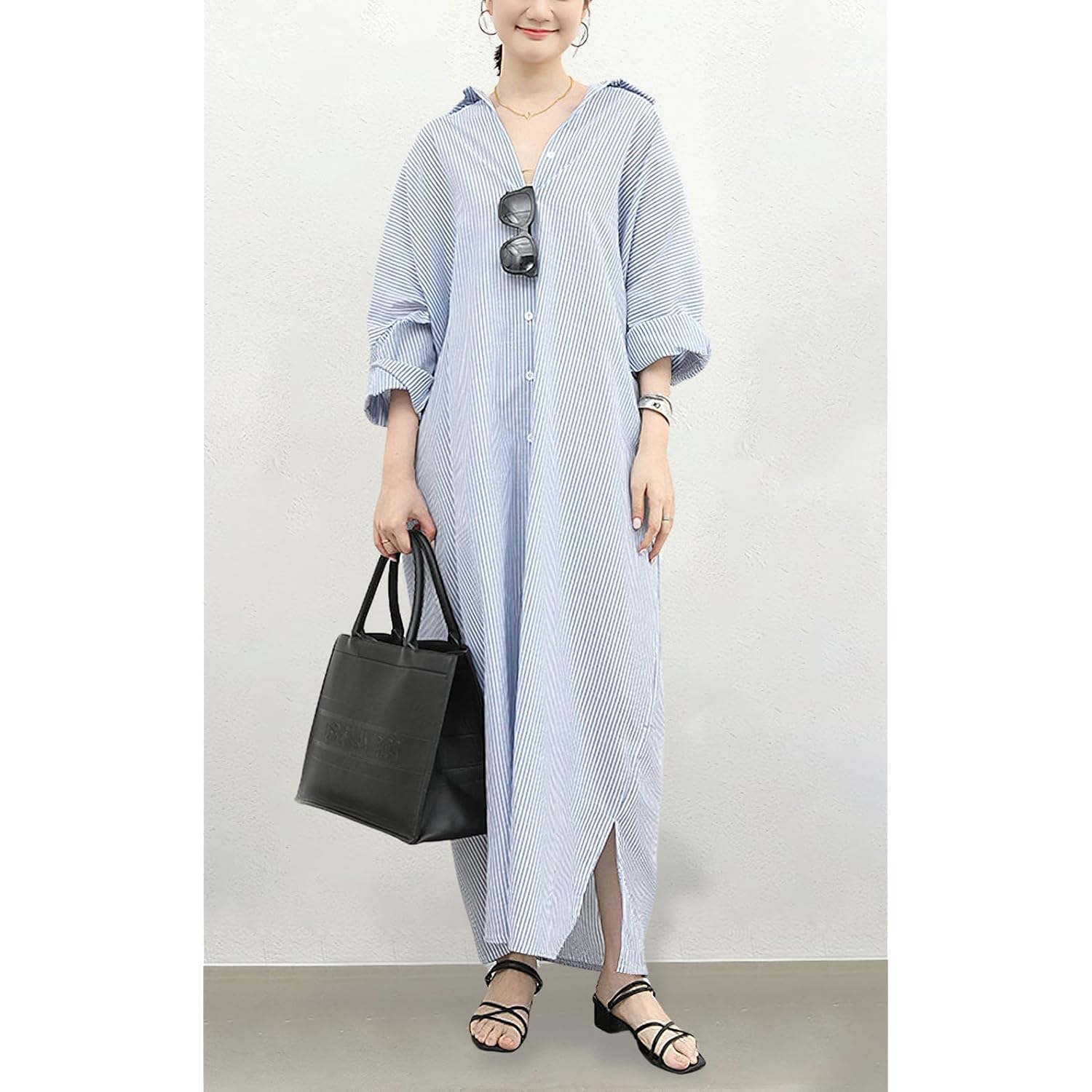 Chouyatou Women'S Casual Long Sleeve Button Down Loose Striped Cotton Maxi Shirt Dress
