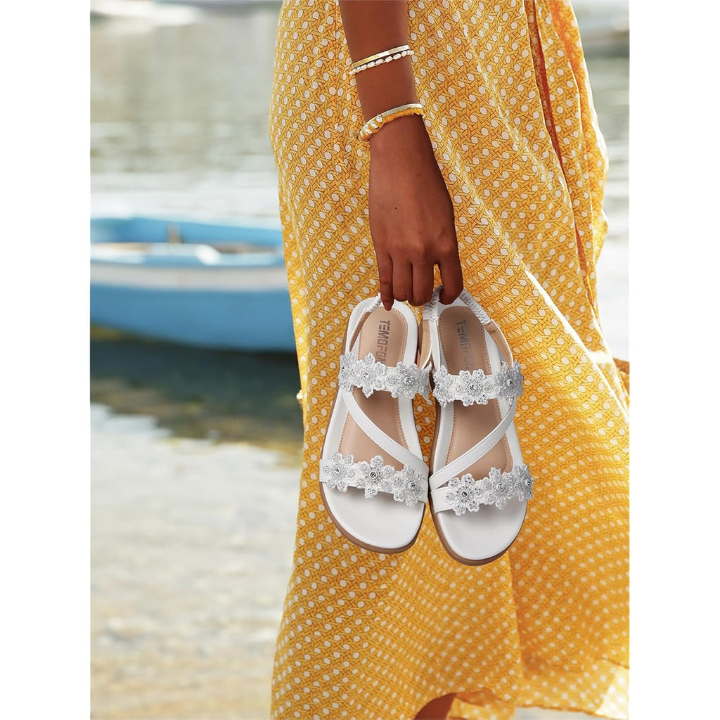 Temofon Sandals For Women Flat Dressy Summer Flower Sandals With Ankle Strap Comfortable Casual Walking Flat Sandals Size 5-11
