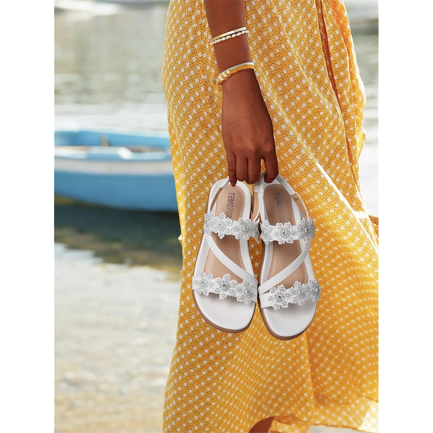 Temofon Sandals For Women Flat Dressy Summer Flower Sandals With Ankle Strap Comfortable Casual Walking Flat Sandals Size 5-11