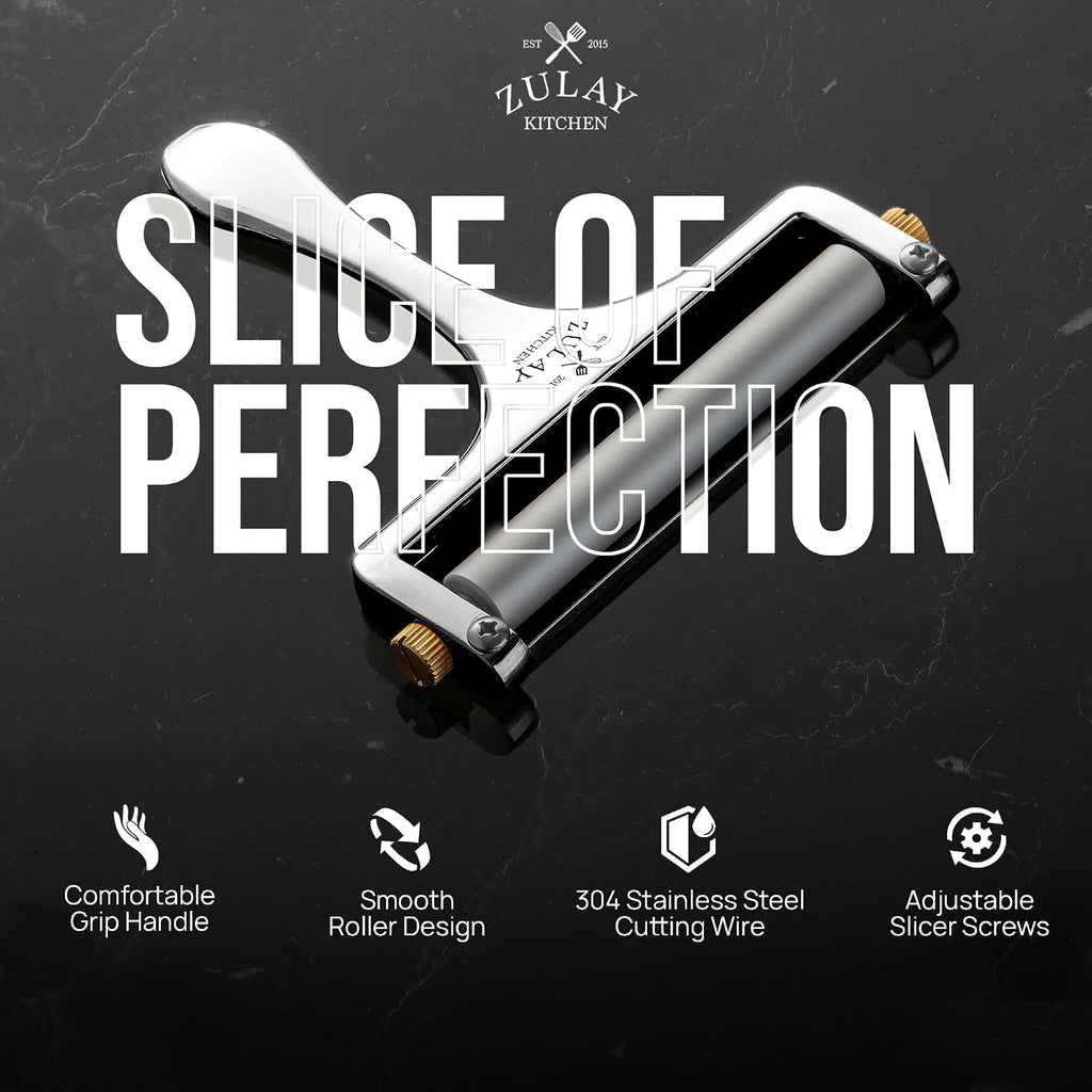 Zulay Kitchen Stainless Steel Wire Cheese Slicer - Adjustable Hand Held Cheese Cutter With 2 Extra Wires - Premium Cheese Knife For Mozzarella, Cheddar, Gruyere - Cheese Cutter With Wire (Silver)