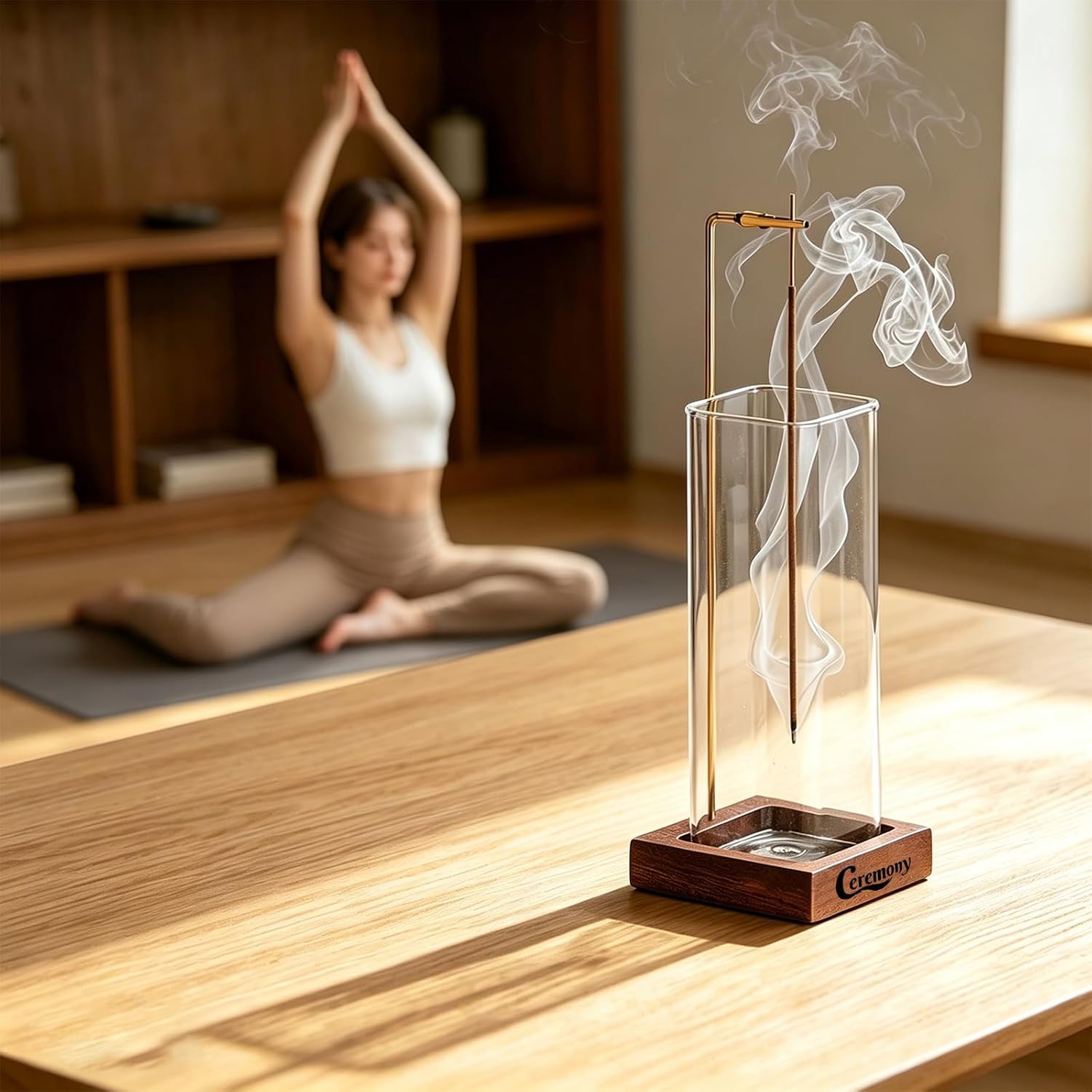 Ceremony Incense Holder, Wooden Incense Holder For Sticks With Glass Ash Catcher, Anti-Ash Incense Burner With 20 Incense Sticks And A Ash Brush For Meditation Yoga Spa Room Decor