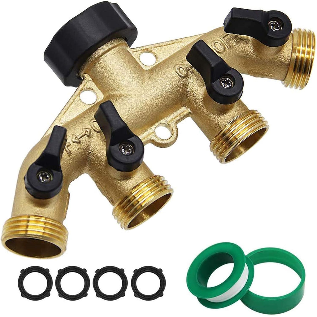 Twinkle Star 4 Way Heavy Duty Brass Garden Hose Splitter | 3/4" Hose Connector, Hose Spigot Adapter, 4 Valves