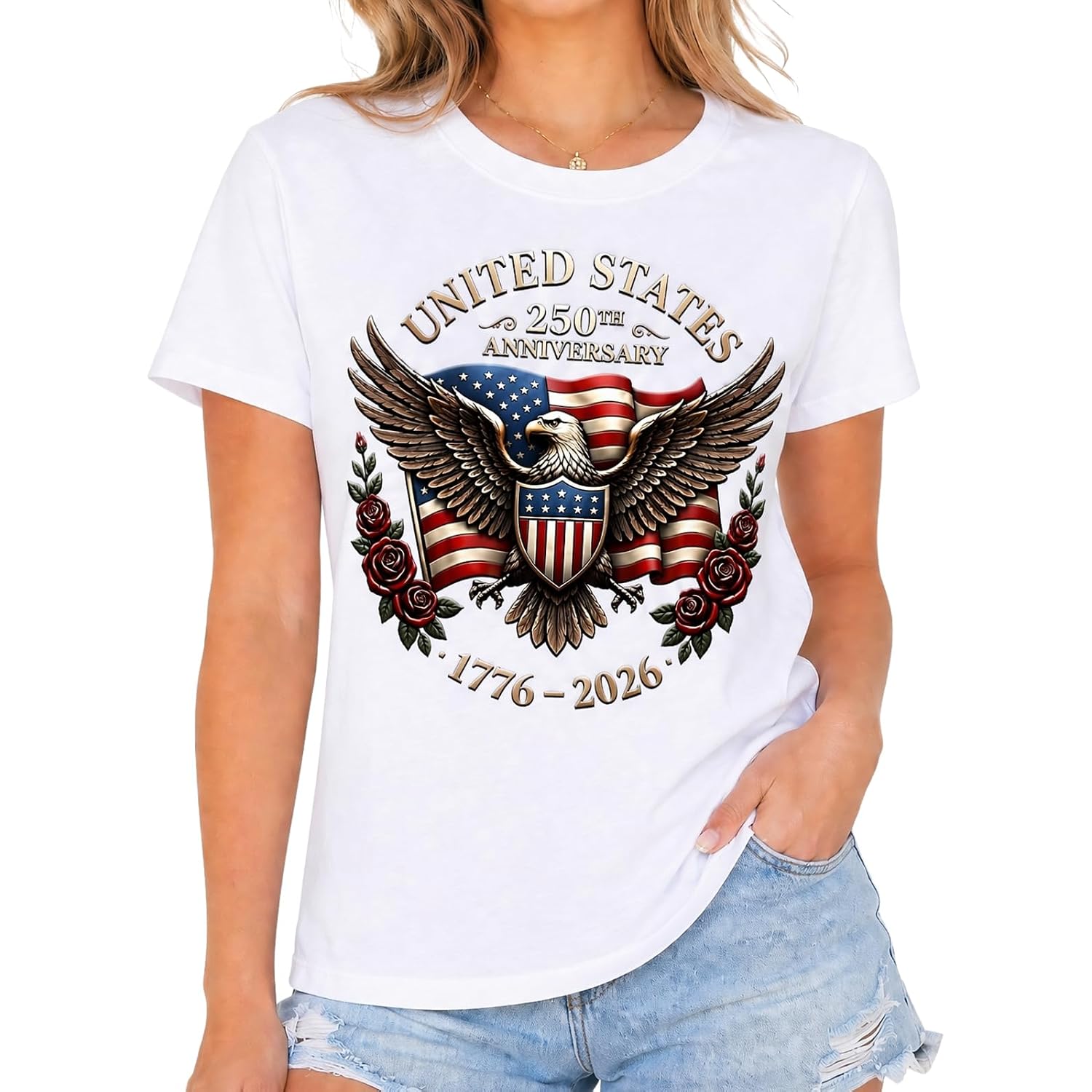 250th USA Anniversary T Shirt for Women, 4th of July Patriotic Eagle Flag Tee, 1776-2026 Short Sleeve Top S-2XL