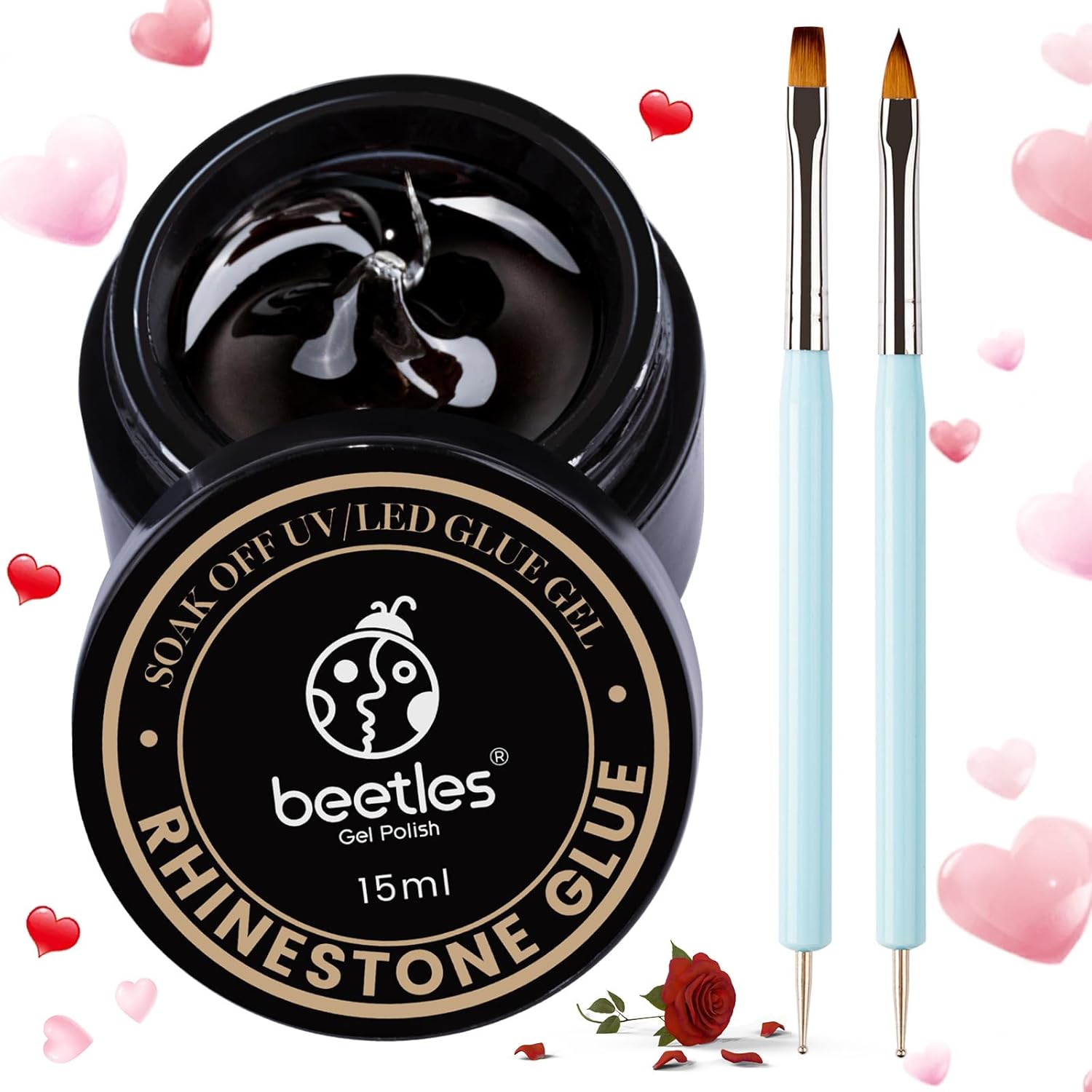 Beetles Rhinestone Glue for Nails with 2 Dual Purpose Brush Pen, 1Pcs 15ml Nail Glue for Nail Art Adhesive Resin Gems Diamonds Jewelry Decoration Soak Off Led Lamp Nails Gifts for Women