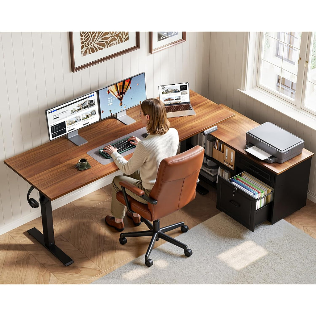 55 Inch L Shaped Electric Standing Desk With Drawers & File Cabinet Sets, Executive Sit Stand Desk, Height Adjustable Computer Desk For Home Office, Writing, Workstation, Walnut+Black
