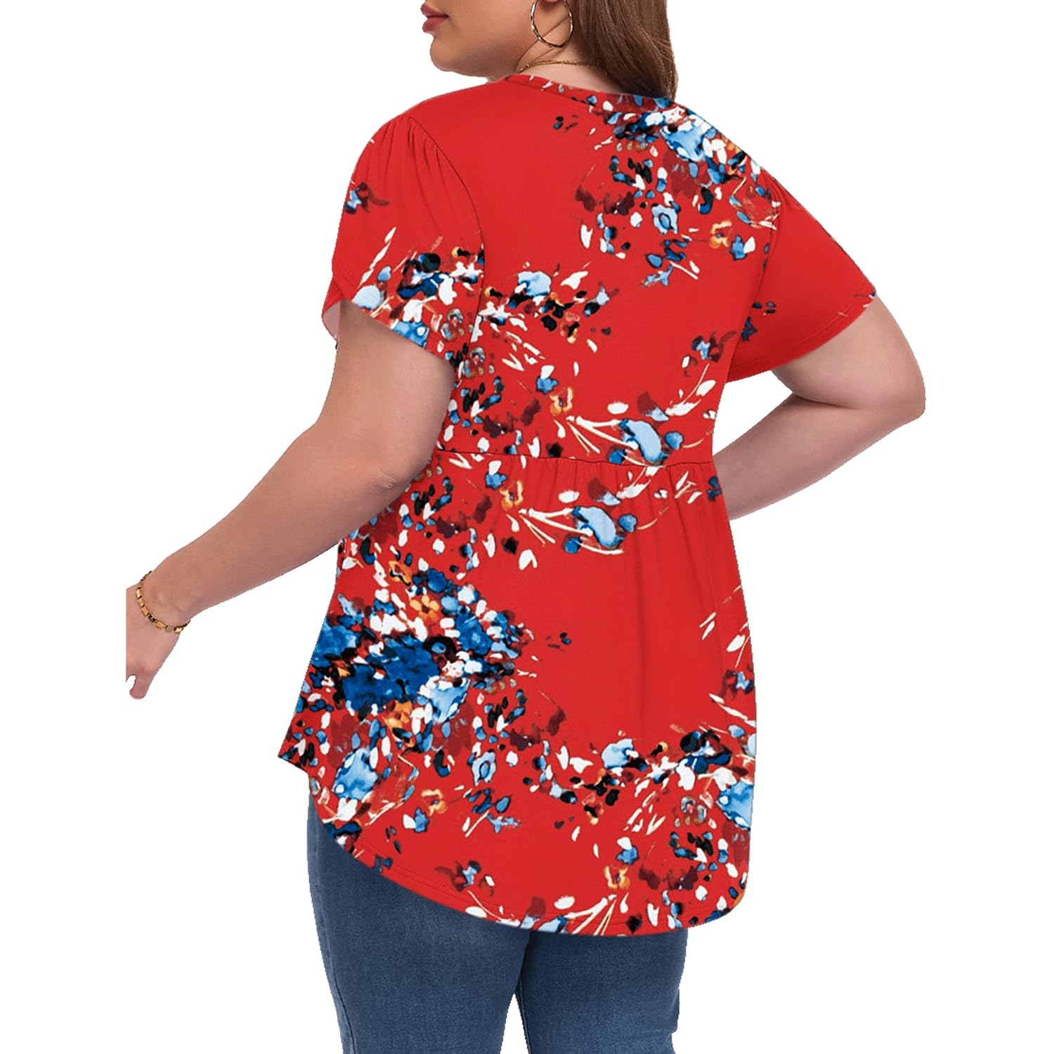 Women's Plus Size Short Ruffle Sleeve Henley Shirts V Neck Button Tunic Tops Casual Swing Flowy Dressy Blouses