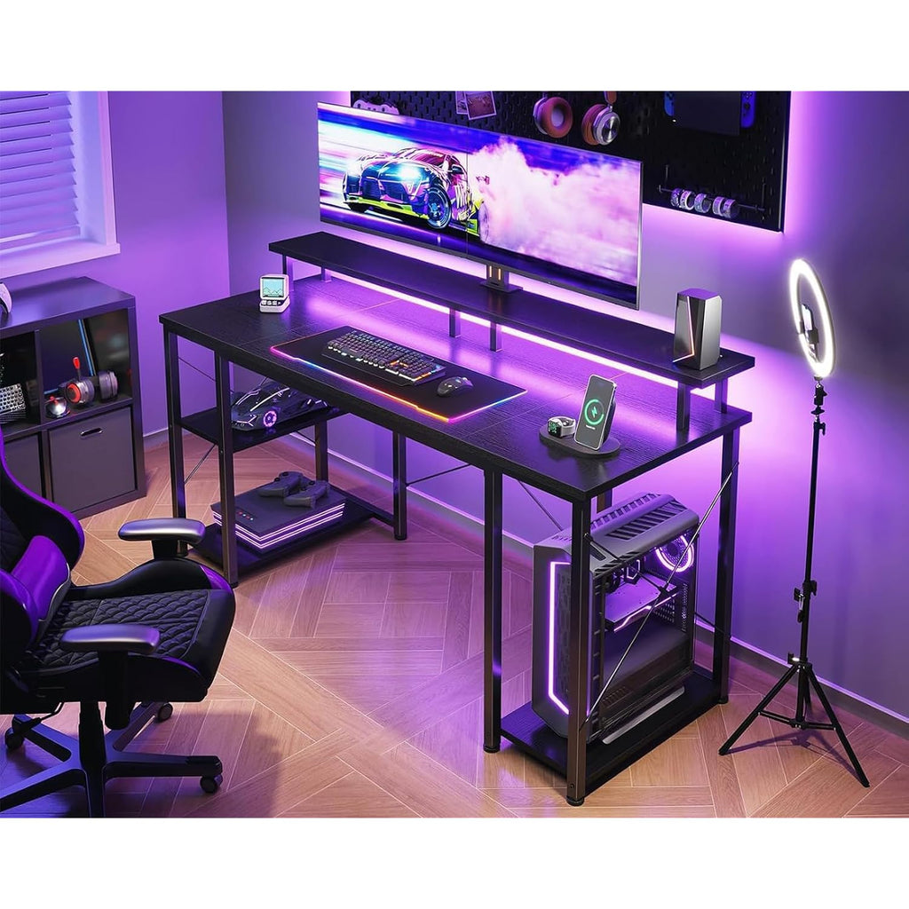 Odk 48 Inch Gaming Desk With Led Lights, Computer Desk With Monitor Stand & Storage Shelves, Cpu Stand, Home Office Desk, Black