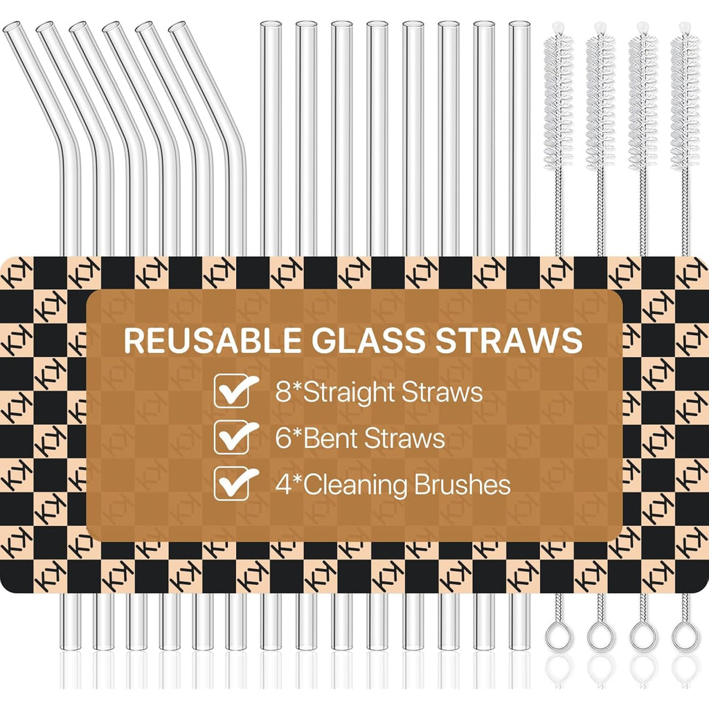 18-Pack Glass Straws, Reusable Clear Glass Drinking Straws Set, 8.5 Inch X 10Mm - Includes 8 Straight And 6 Bent With 4 Straw Cleaner Brush, Perfect For Smoothies, Milkshakes, Juice, Tea