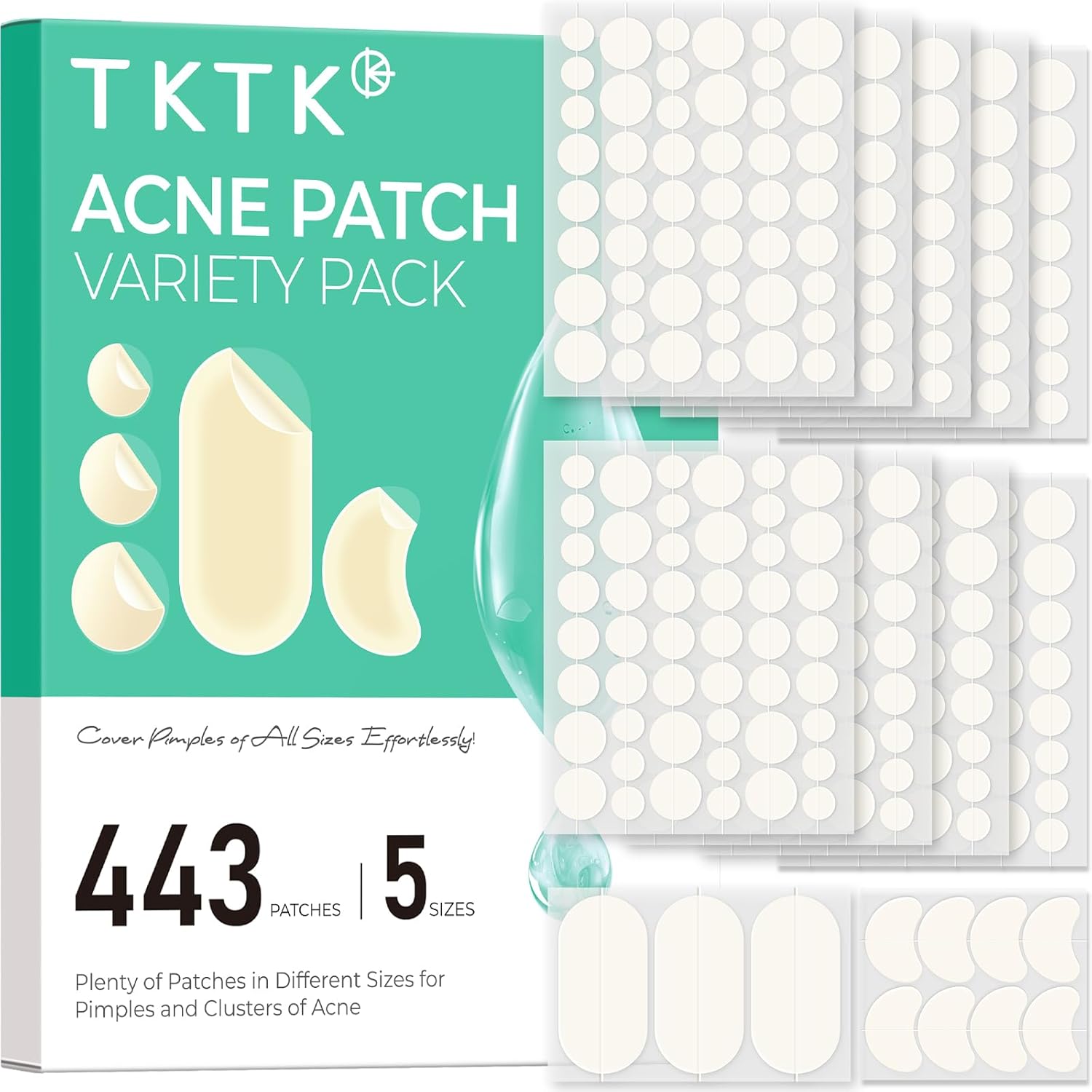 TKTK 443 Count Pimple Patches for Face, Hydrocolloid Acne Patch Bulk, Acne Stickers for Covering Cheeks, Forehead, Chin Blemishes Zit Breakouts for All Skin Types (Dots, Strip, Contoured 5 Sizes)