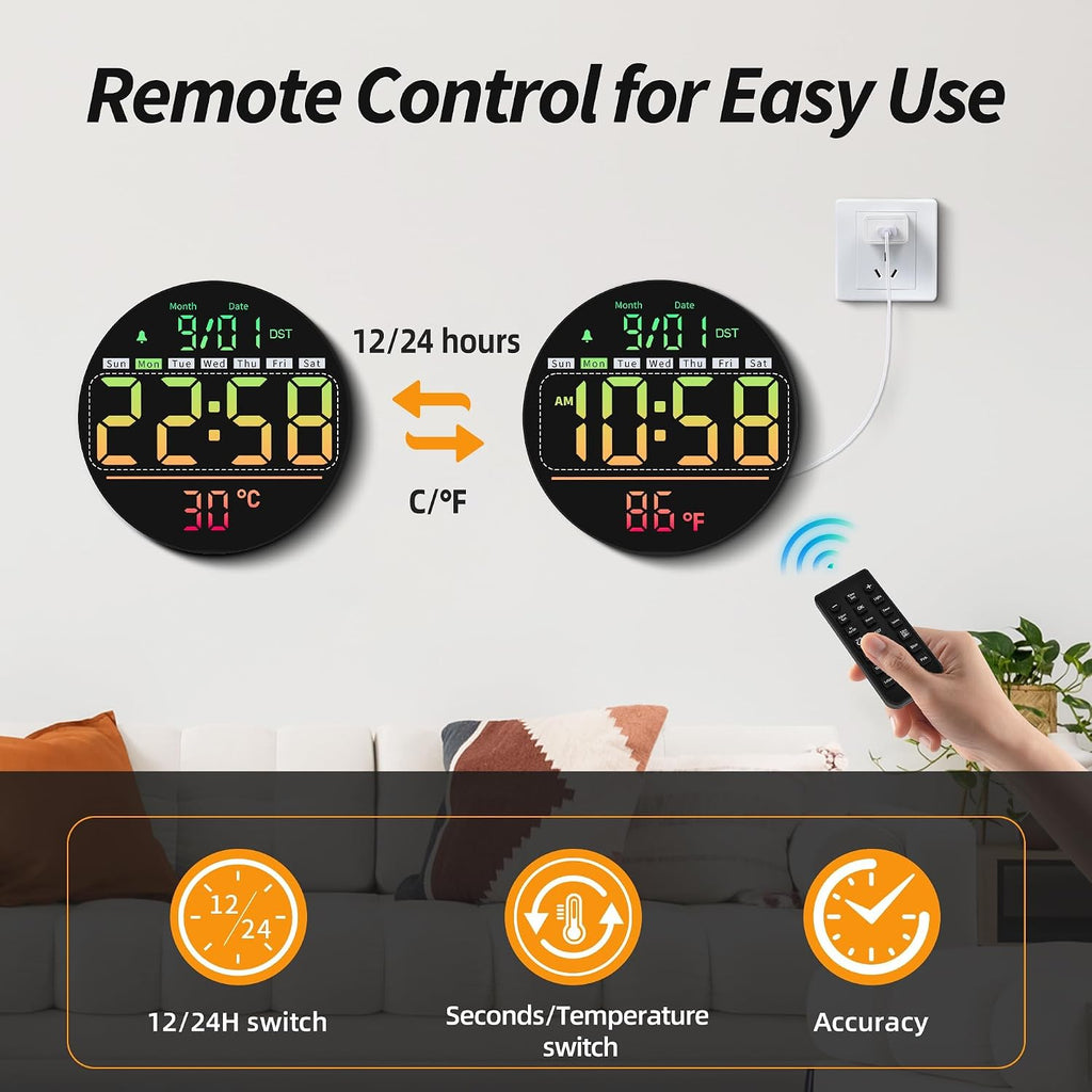 Maxstar Led Digital Wall Clock With Timer, Seconds, Temperature, Date, Dst, Nightlight, Rgb Color, Alarm Clock, 5-Level Display Brightness, Digital Clock Timer For Classroom, Bedroom, Garage, Gym