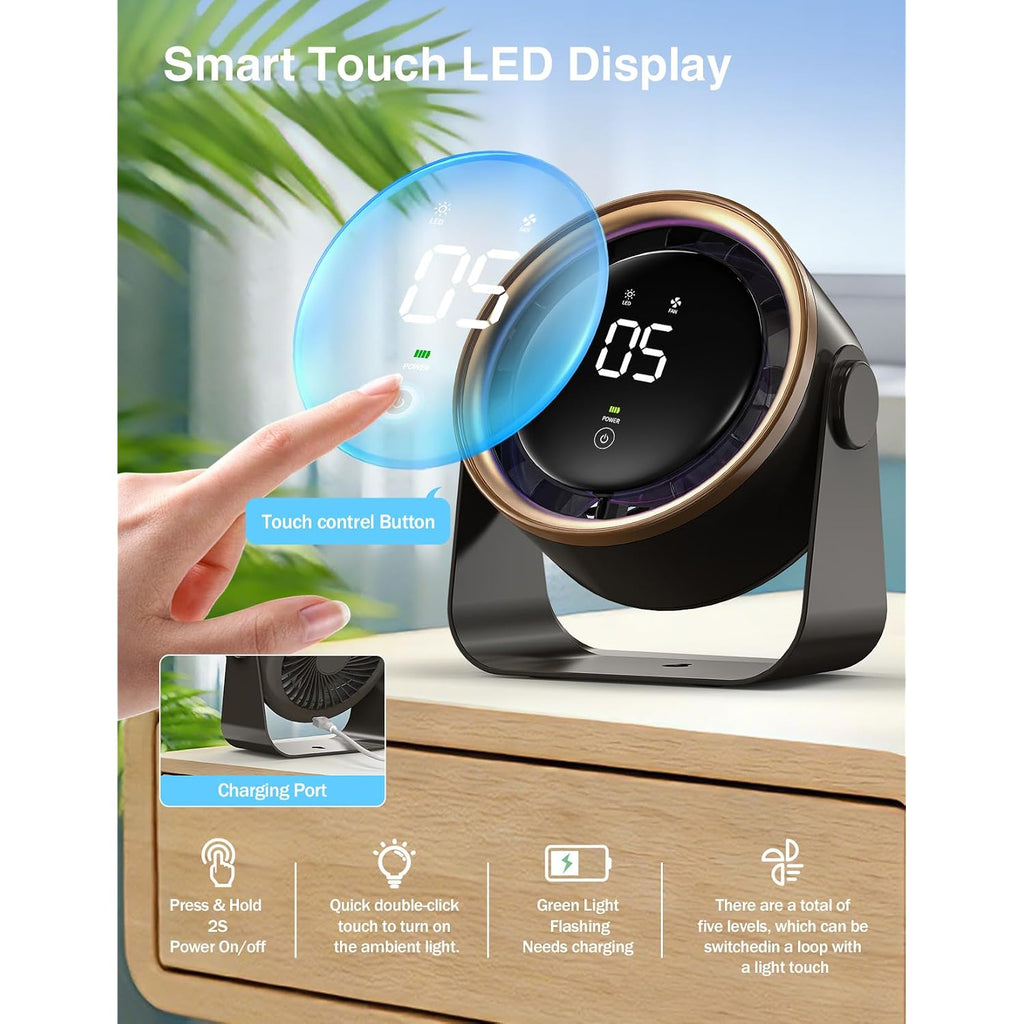 Small Desk Fan, Ultra-Quiet Desktop Air Circulator, Touch Screen Control, Multi-Speed Desktop Fan With Led Light, Quiet Table Fan For Bedroom, Usb Rechargeable Small Fan For Desk(Grey)