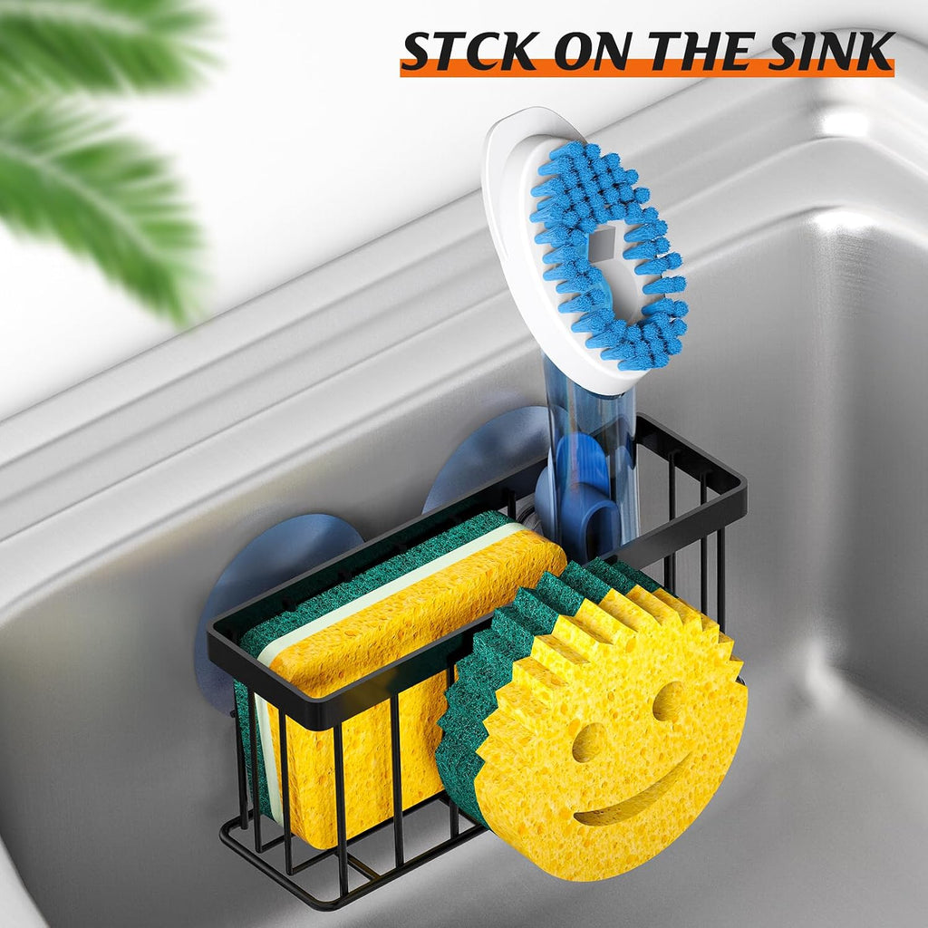 Sponge Holder Smiley Face, Sink Organizer With 2 Suction Cups/1 Adhesive Strips, Designed For Sponge, Soap, Dish Brush, Scrubber - Black