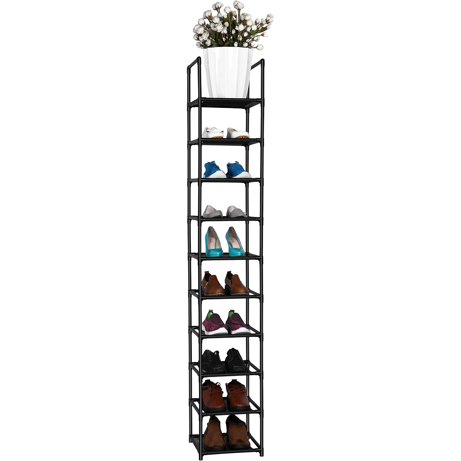 Fiducial Home 10 Tiers Vertical Shoe Rack 10 Pairs Skinny Shoe Shelf | Tall Narrow Space Saving For Entryway Closet, Easy To Assemble, 11"L X 11"W X 68.8"H